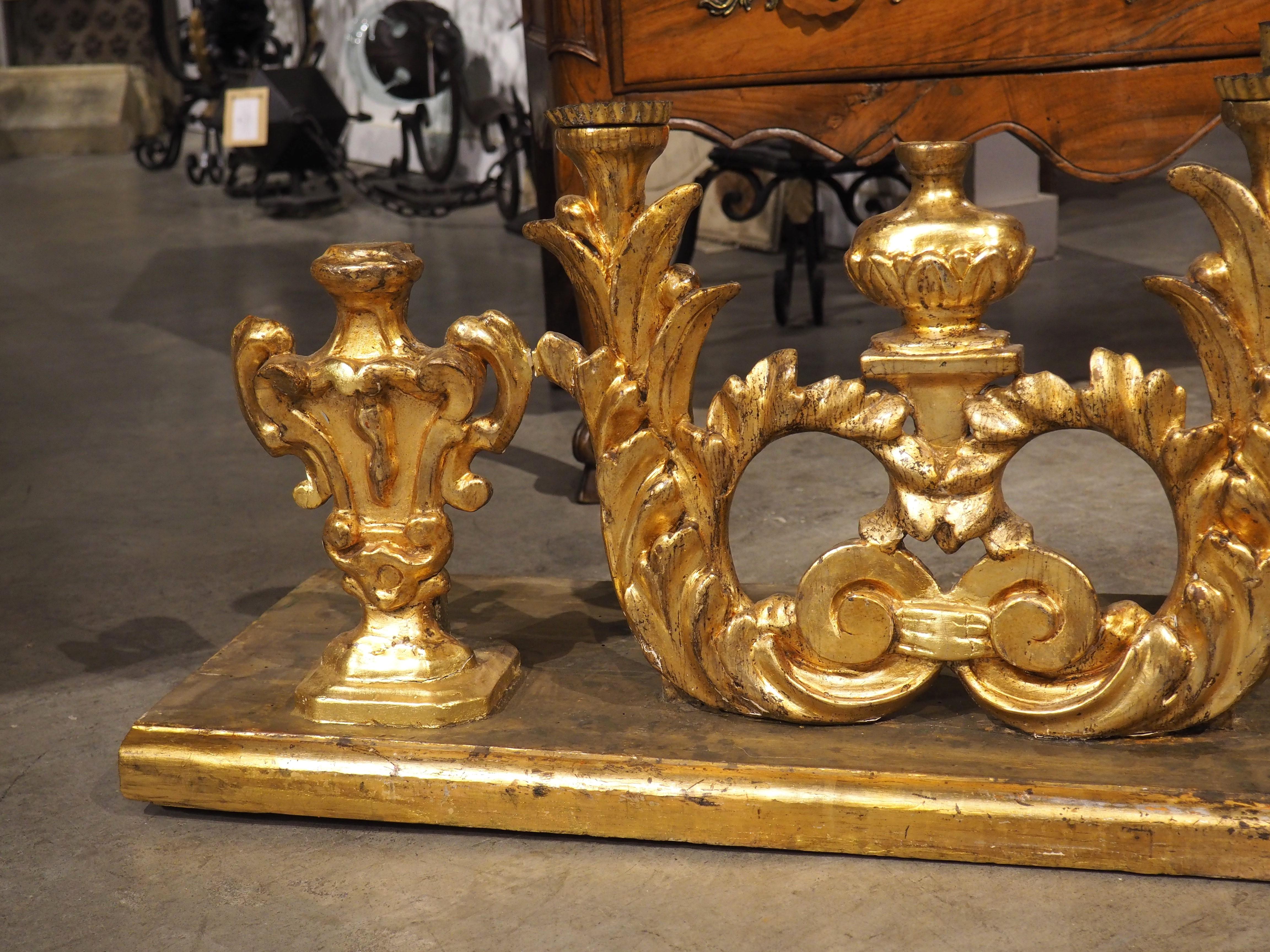 Hand-Carved Circa 1750 Carved and Gilded Altar Candelabra from Tuscany, Italy 73 inches Long For Sale