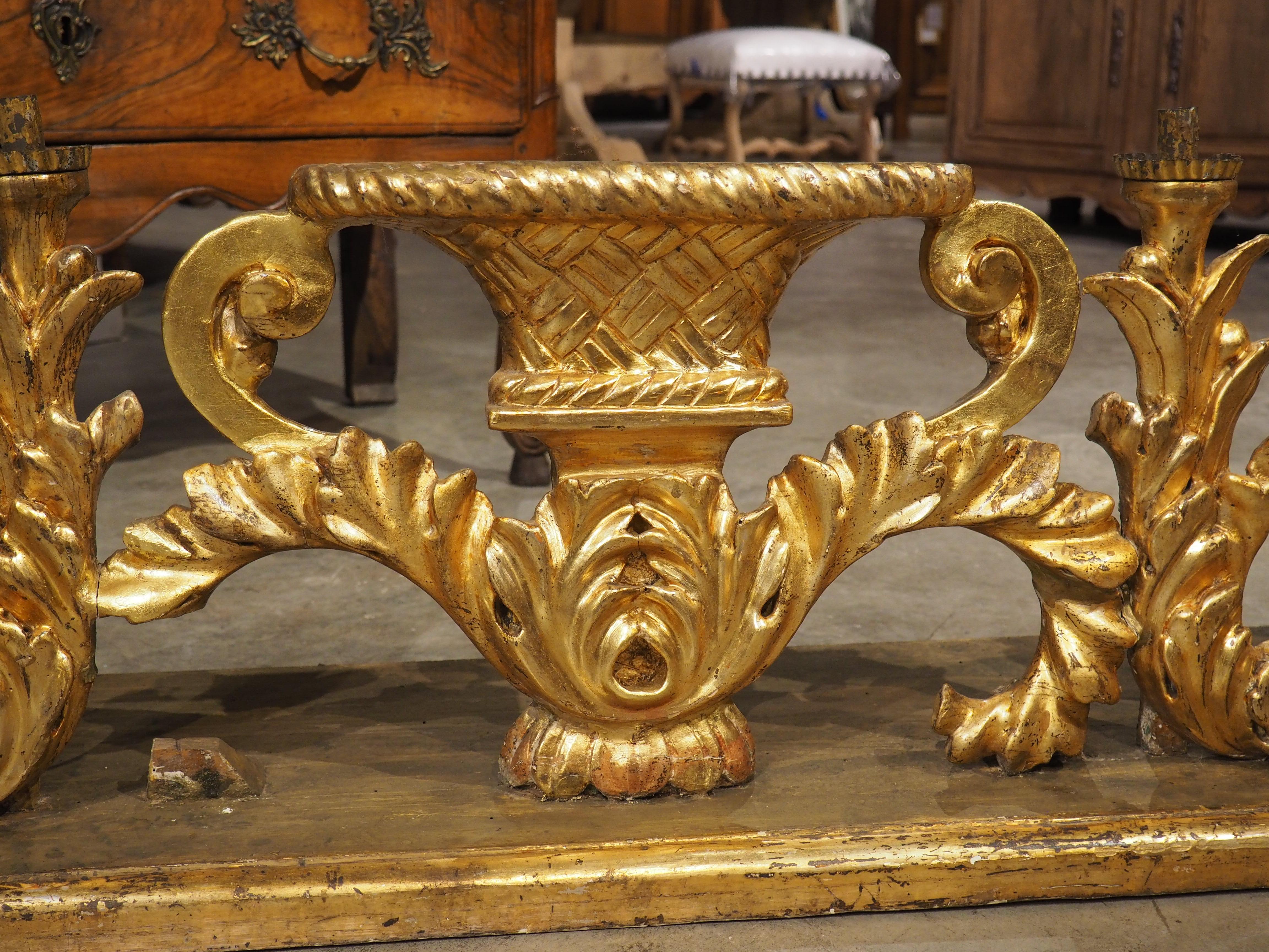 Circa 1750 Carved and Gilded Altar Candelabra from Tuscany, Italy 73 inches Long In Good Condition For Sale In Dallas, TX