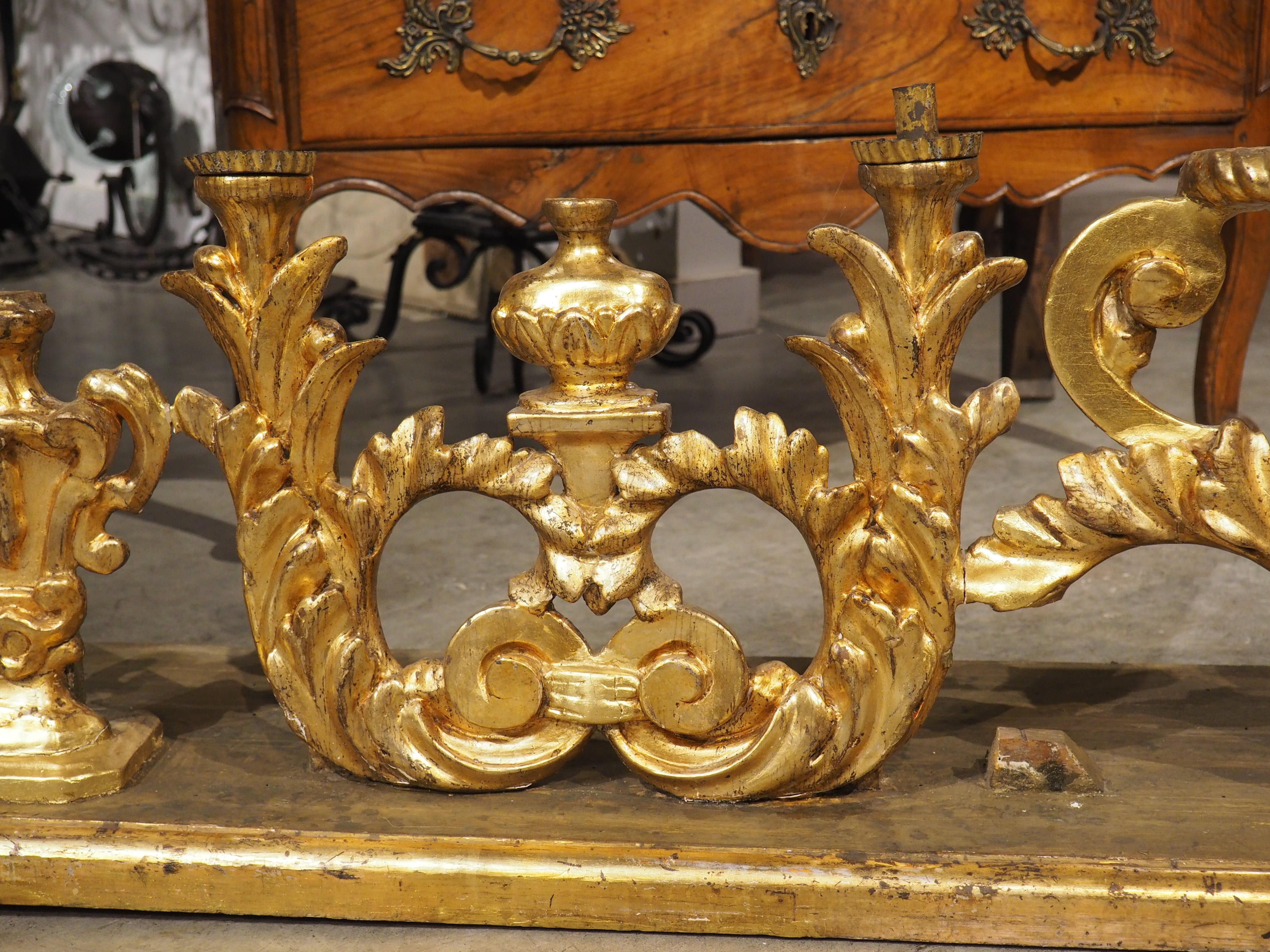 18th Century Circa 1750 Carved and Gilded Altar Candelabra from Tuscany, Italy 73 inches Long For Sale