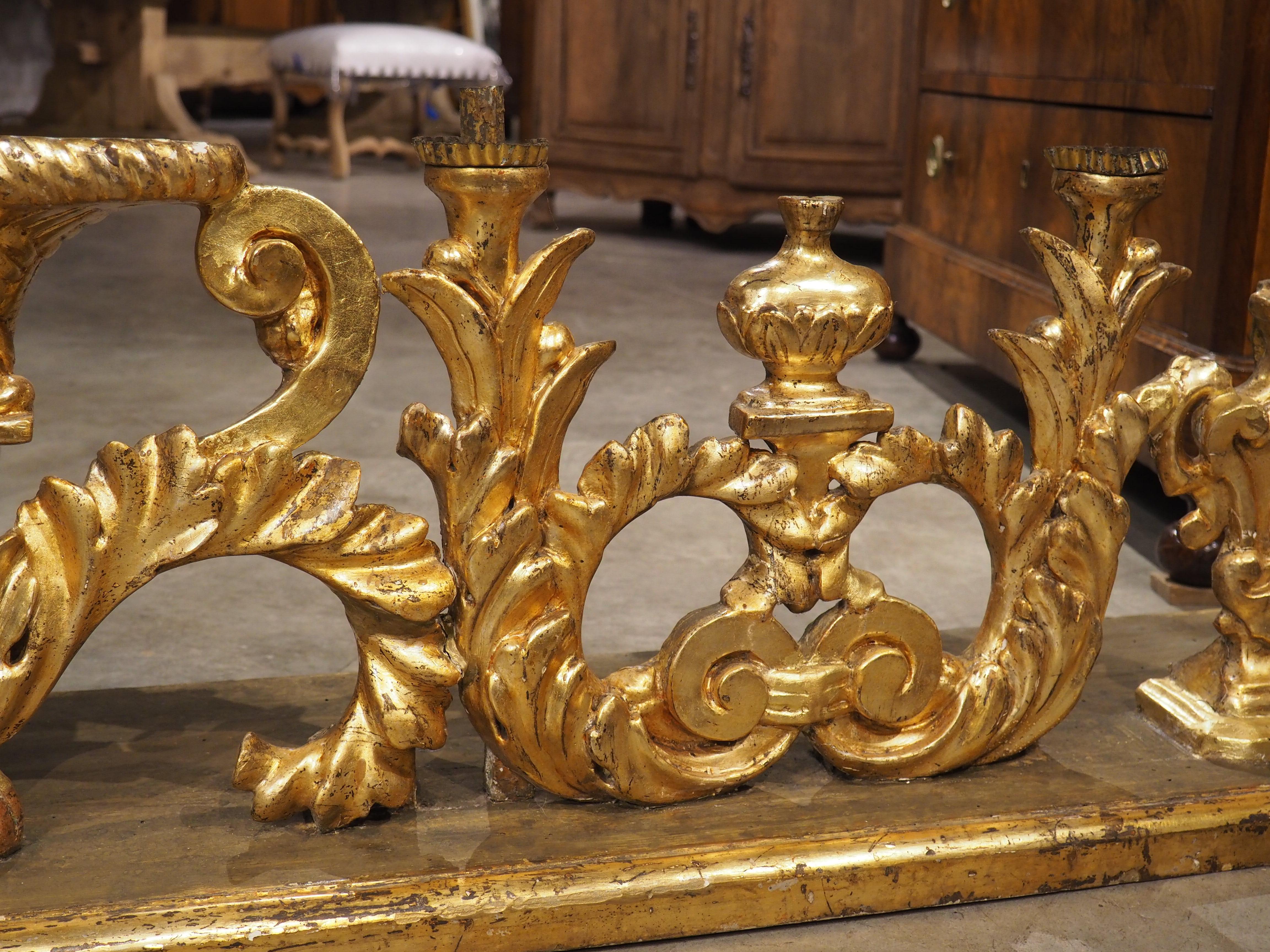 Metal Circa 1750 Carved and Gilded Altar Candelabra from Tuscany, Italy 73 inches Long For Sale