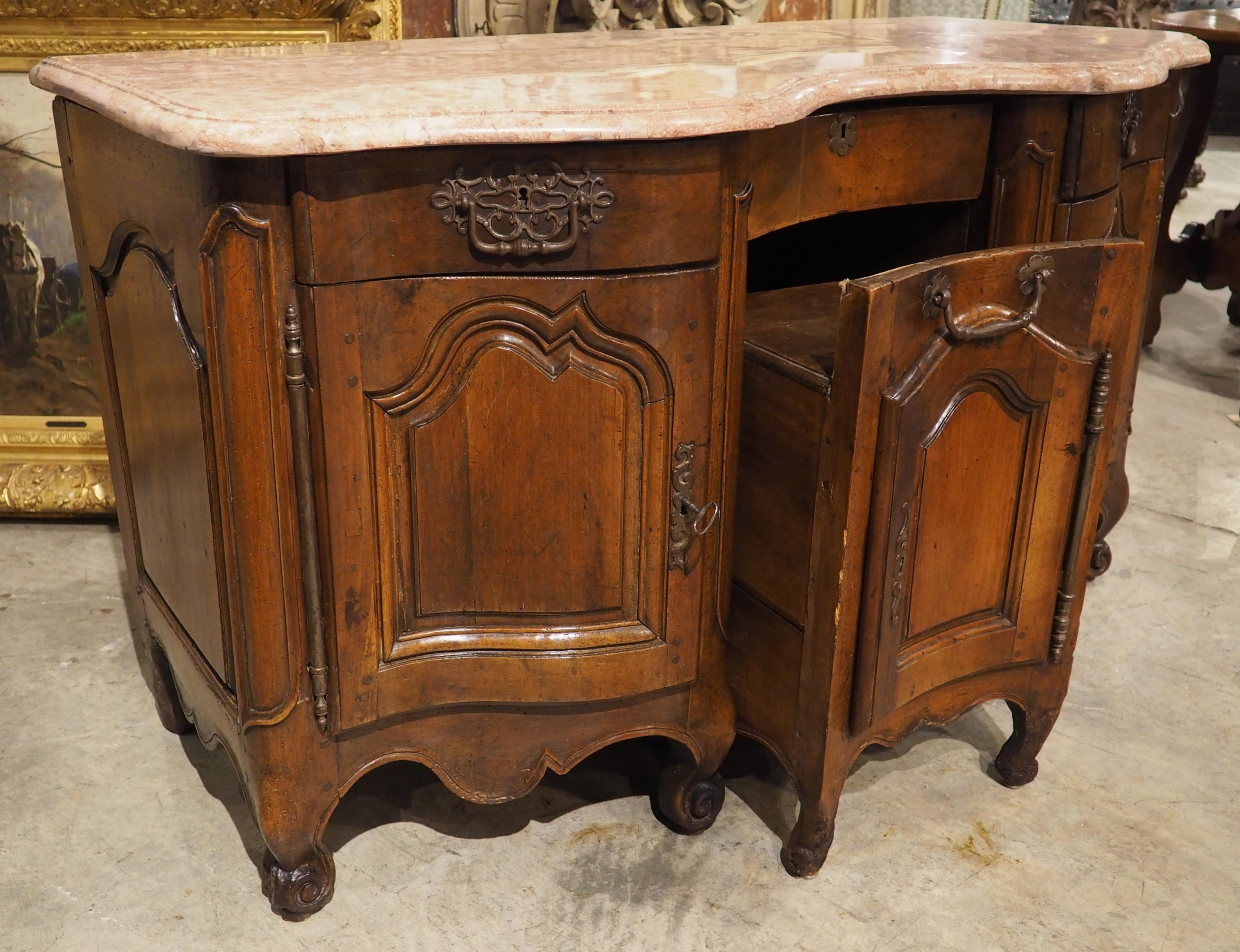Circa 1750 French Louis XV Period Walnut and Marble Bureau or Petit Buffet For Sale 8