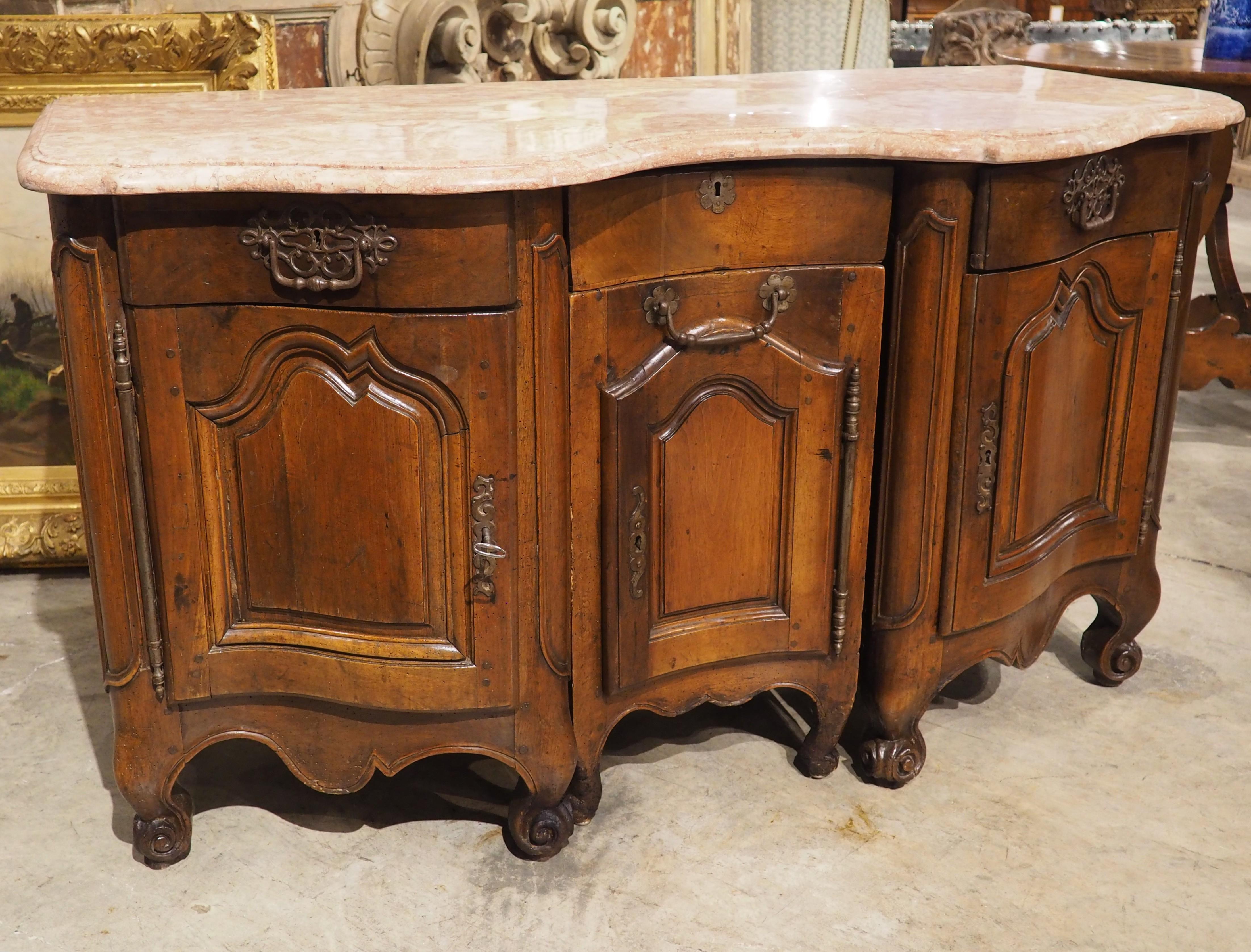 Hand-Carved Circa 1750 French Louis XV Period Walnut and Marble Bureau or Petit Buffet For Sale