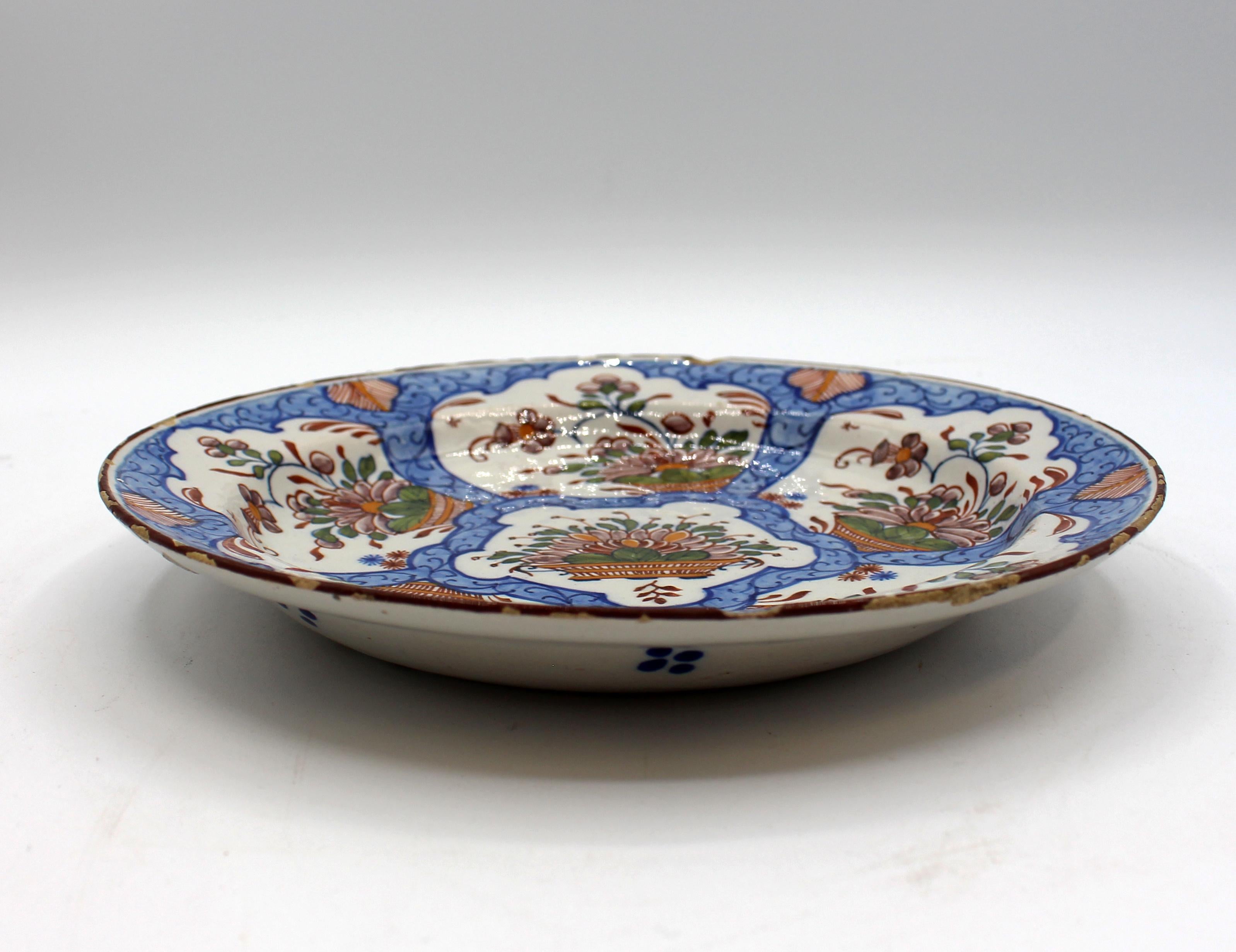 Neoclassical Circa 1770 Delft Polychrome Low Bowl or Plate For Sale