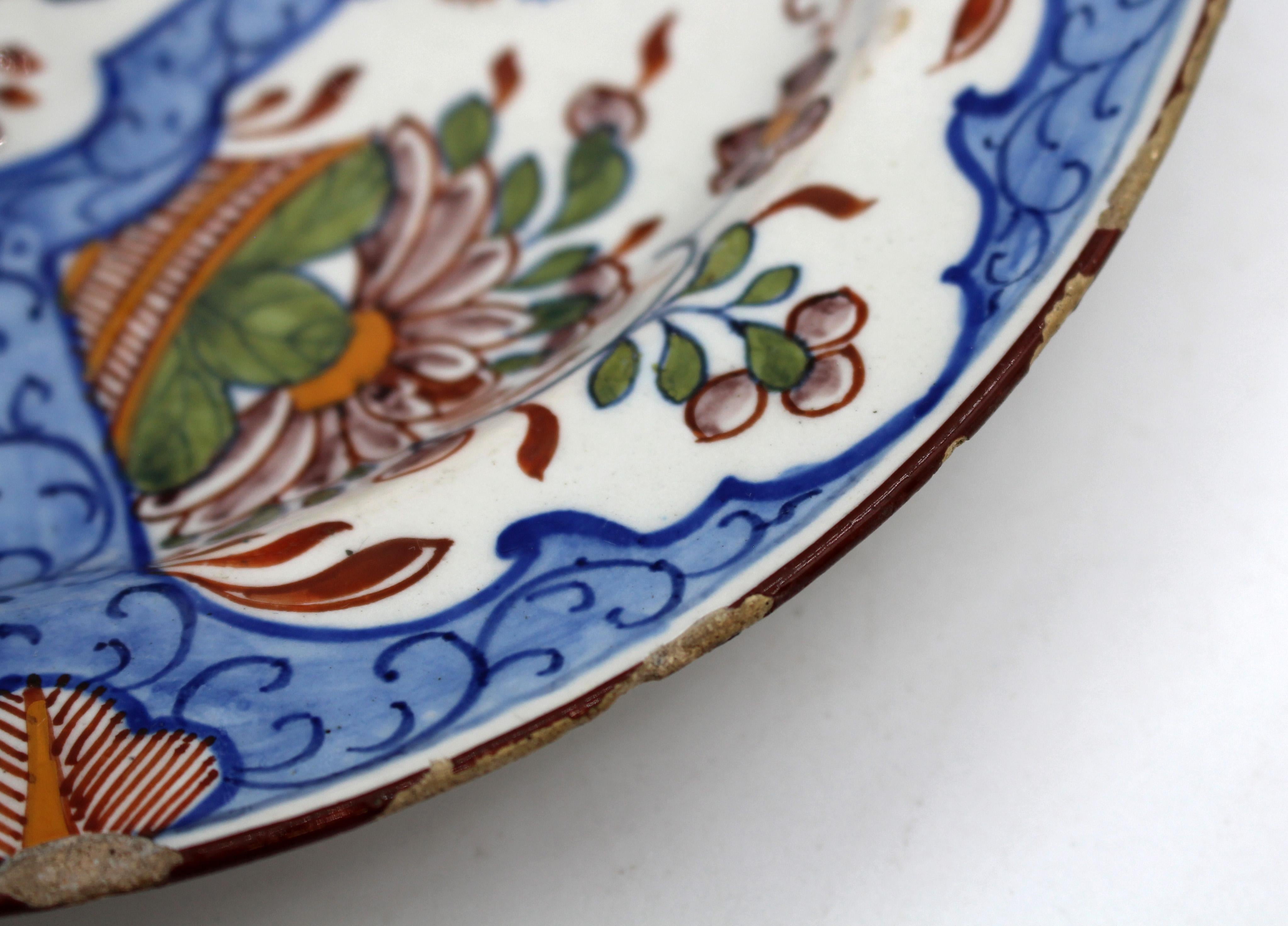 Dutch Circa 1770 Delft Polychrome Low Bowl or Plate For Sale