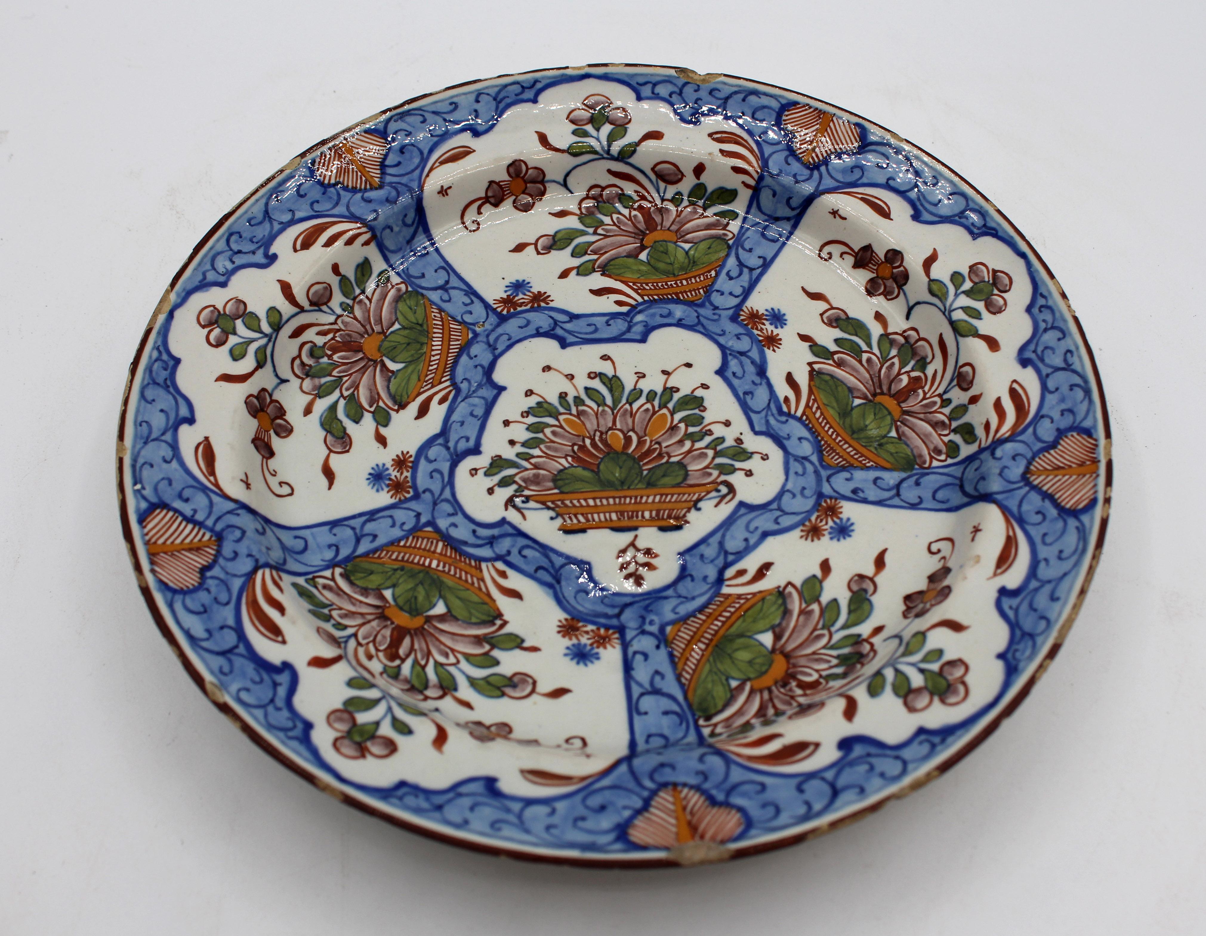 18th Century Circa 1770 Delft Polychrome Low Bowl or Plate For Sale
