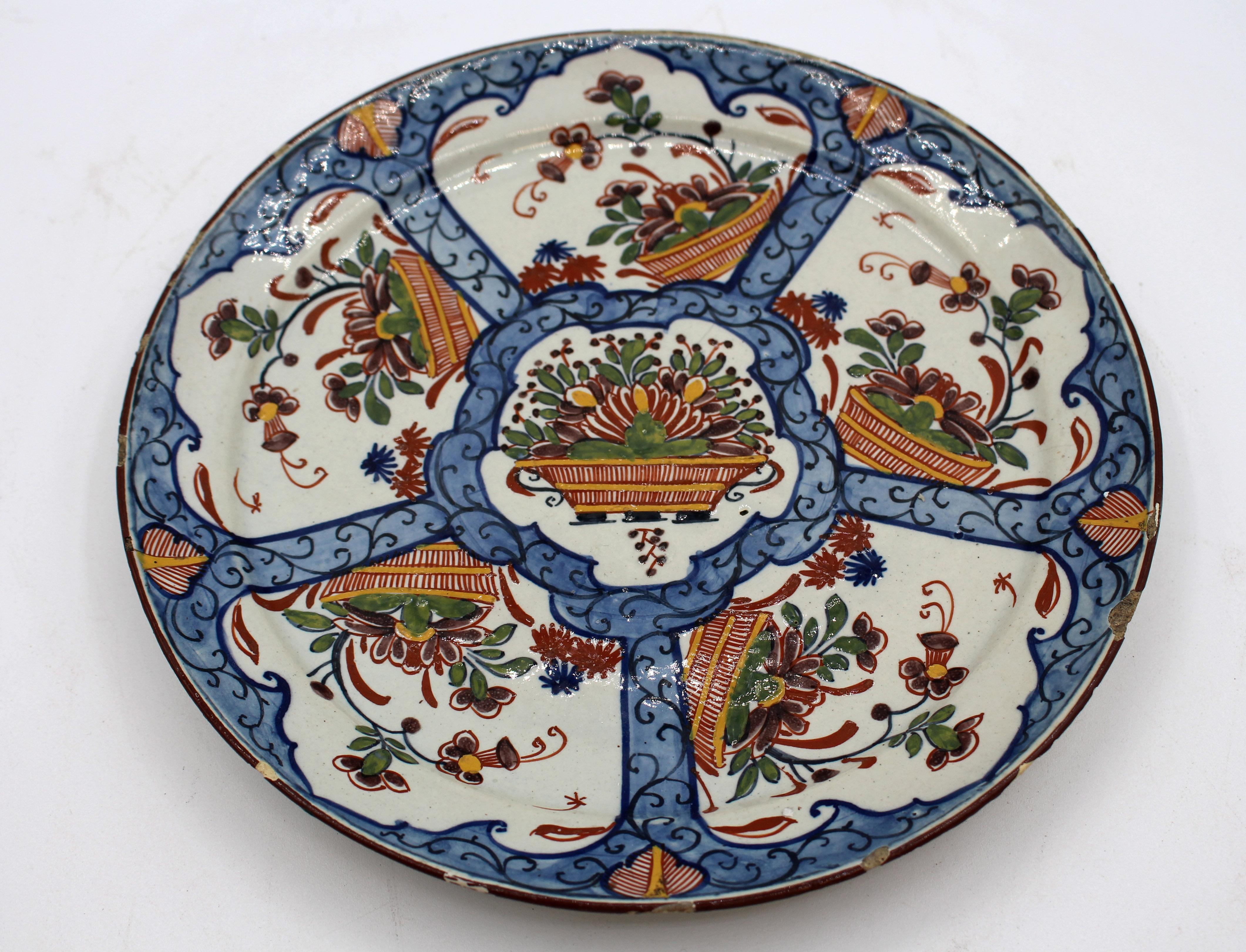 18th Century Circa 1770 Delft Polychrome Plate For Sale