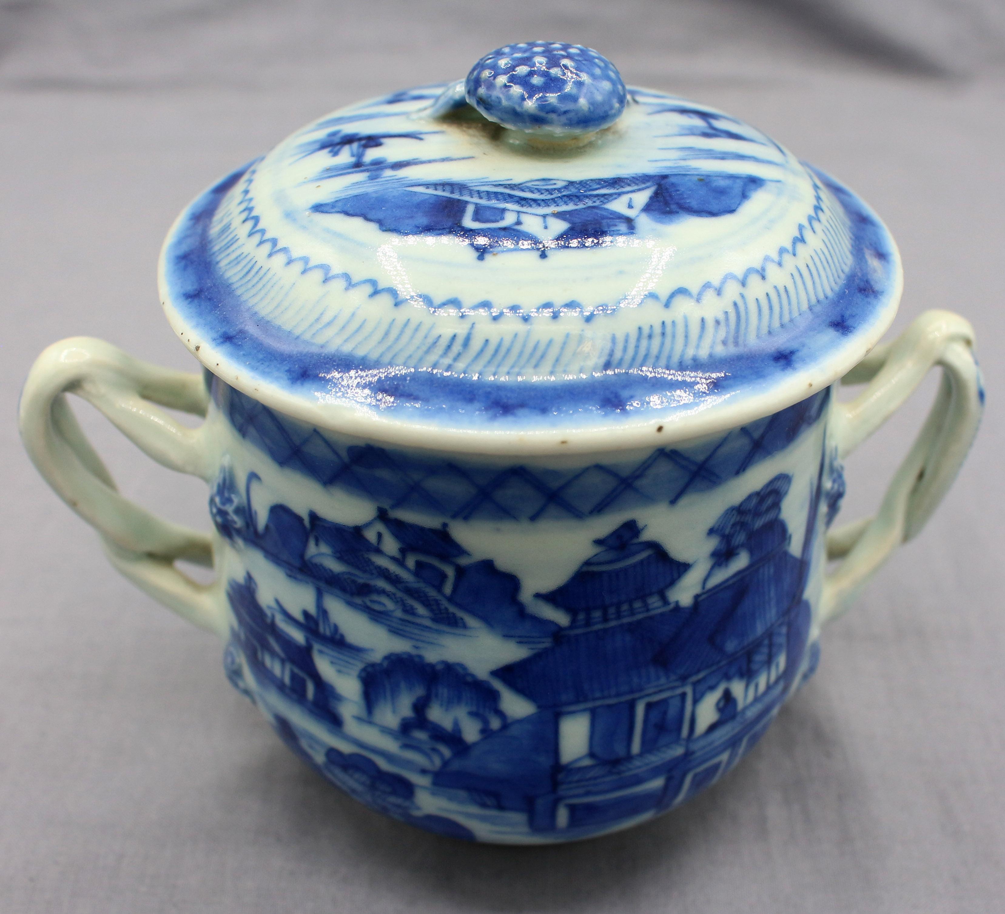 Porcelain Circa 1780-1800 Chinese Export Blue Canton Covered Posset Pot For Sale