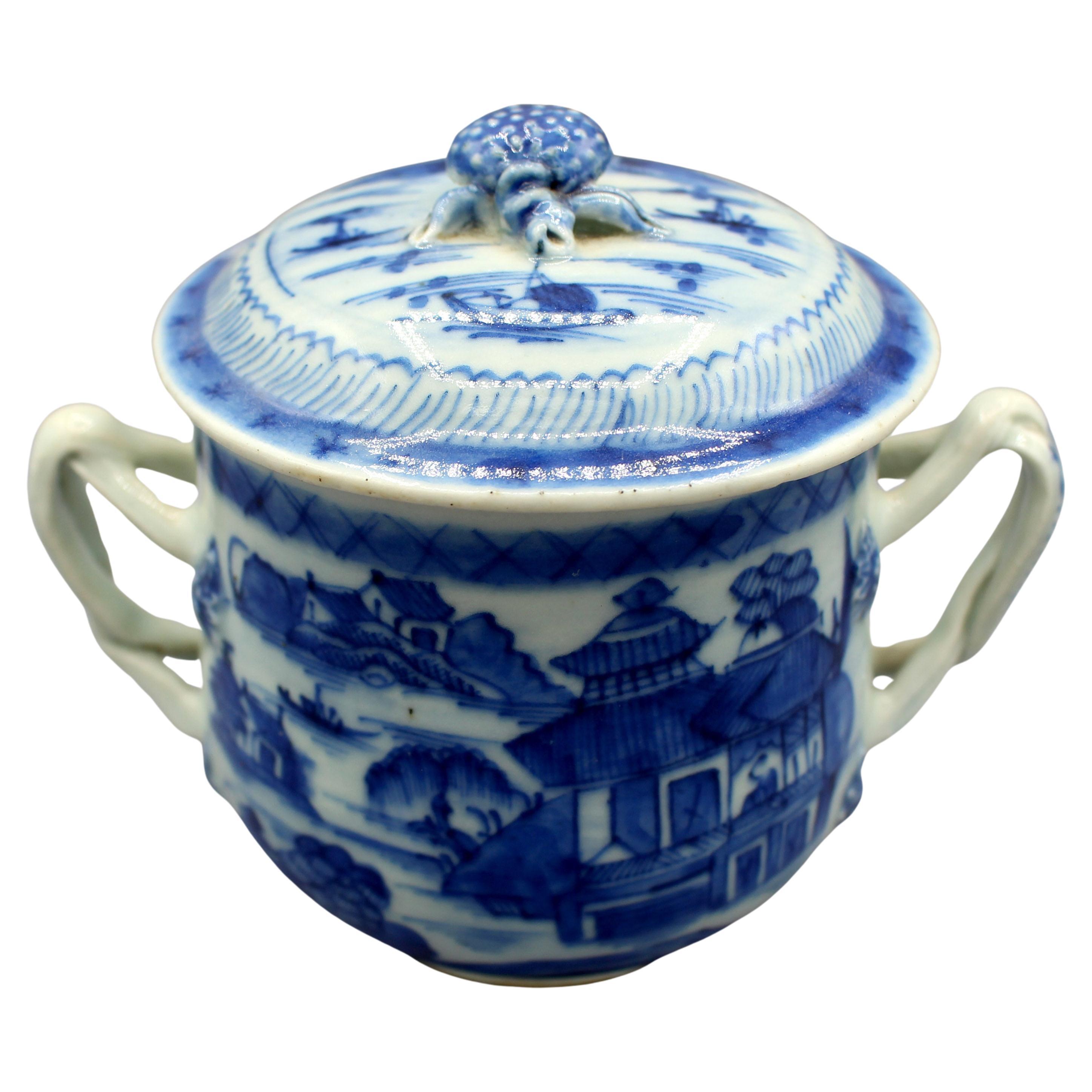 Circa 1780-1800 Chinese Export Blue Canton Covered Posset Pot For Sale