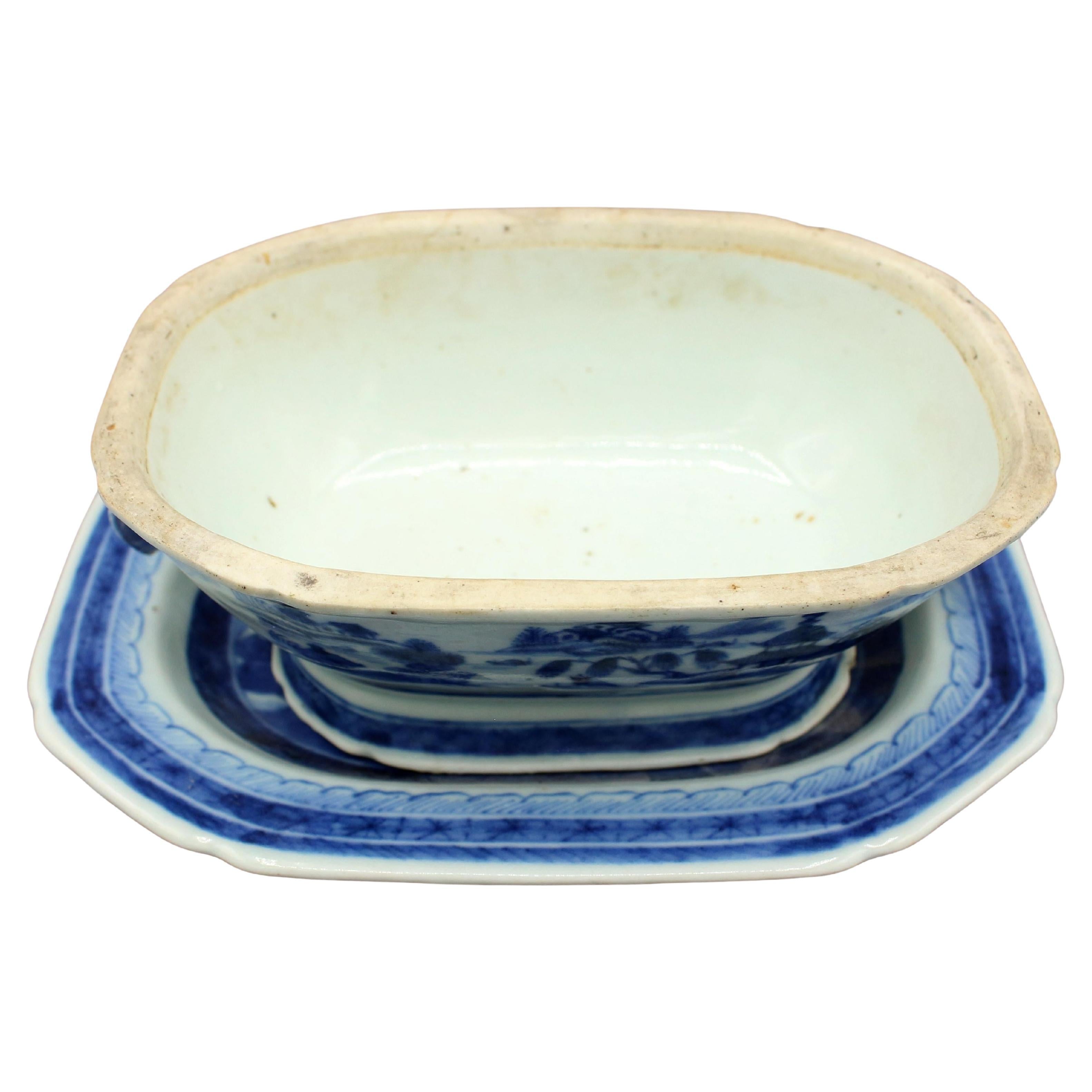 Circa 1780-1800 Tureen with Associated Stand, Blue Canton, Chinese Export For Sale