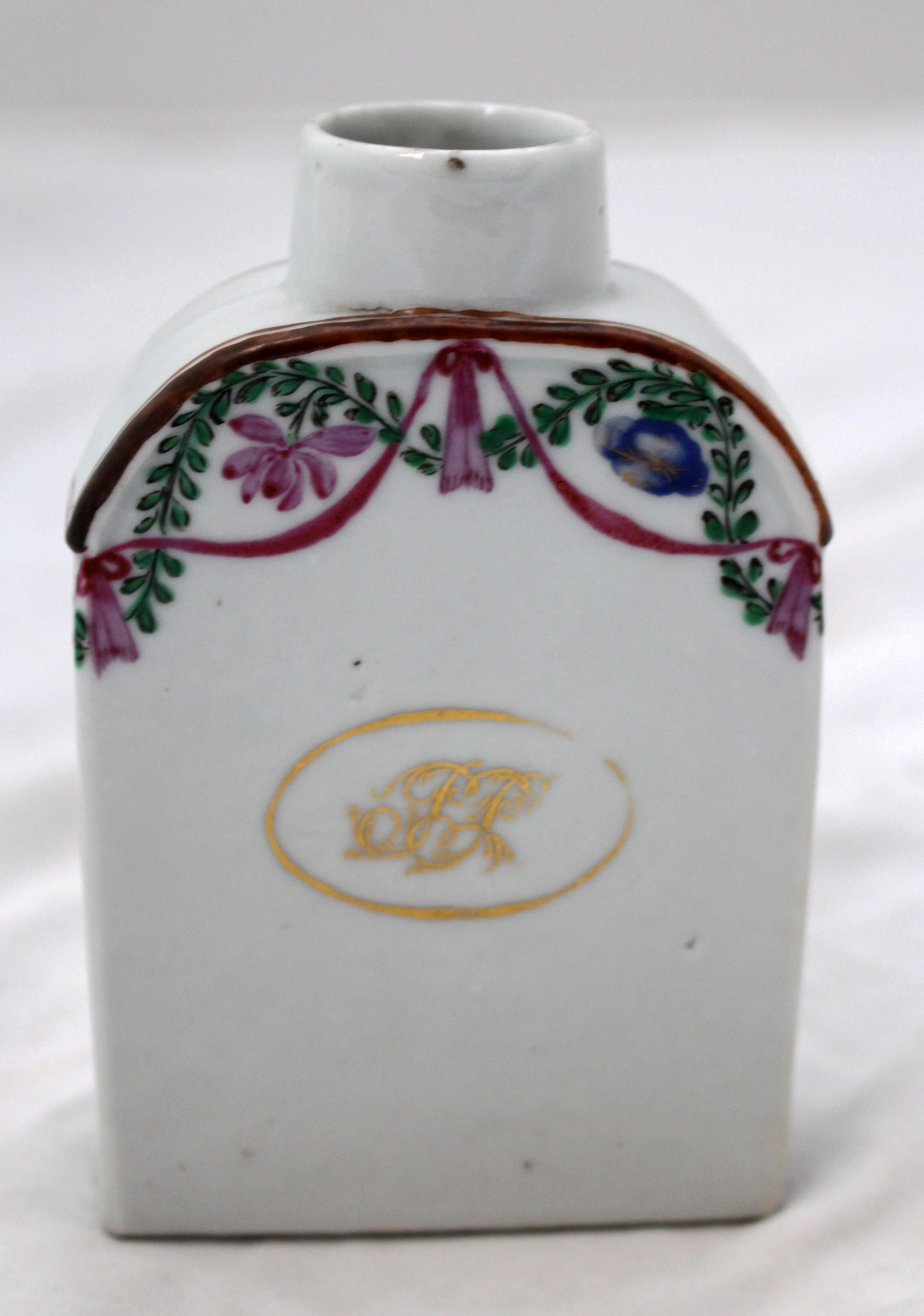 Continental tea caddy, c.1780, molded soft paste porcelain. Neoclassical swag decoration, gilt monogram. No cover. Harvey Gunter collection.
3 1/4