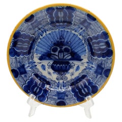 Circa 1780 Dutch Delft Peacock Feather Spray Plate in Urn Blue & White
