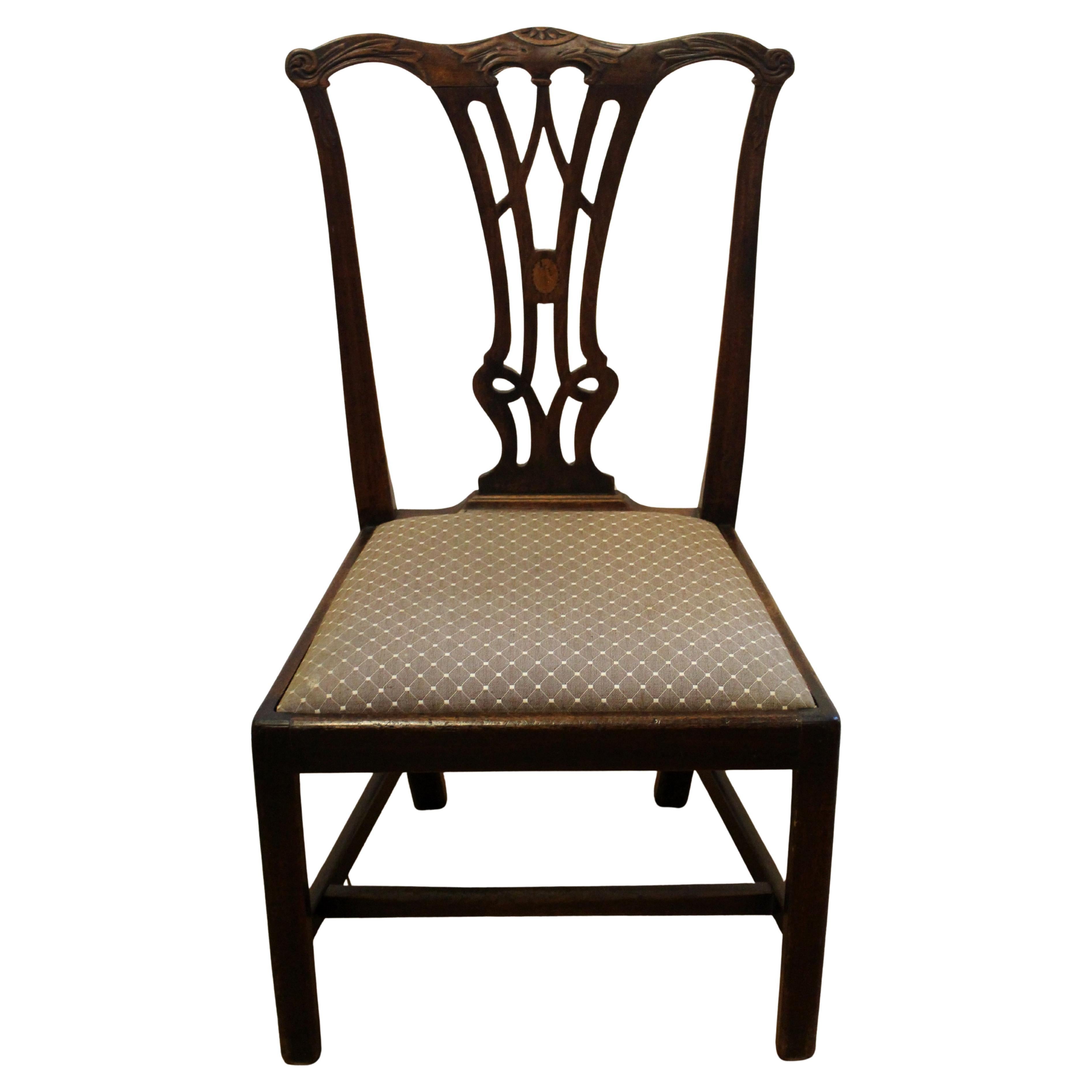 Circa 1780 English George III Carved & Inlaid Side Chair For Sale