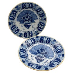 Antique Circa 1780 Pair of Delft Blue & White Large Chop Plates or Chargers