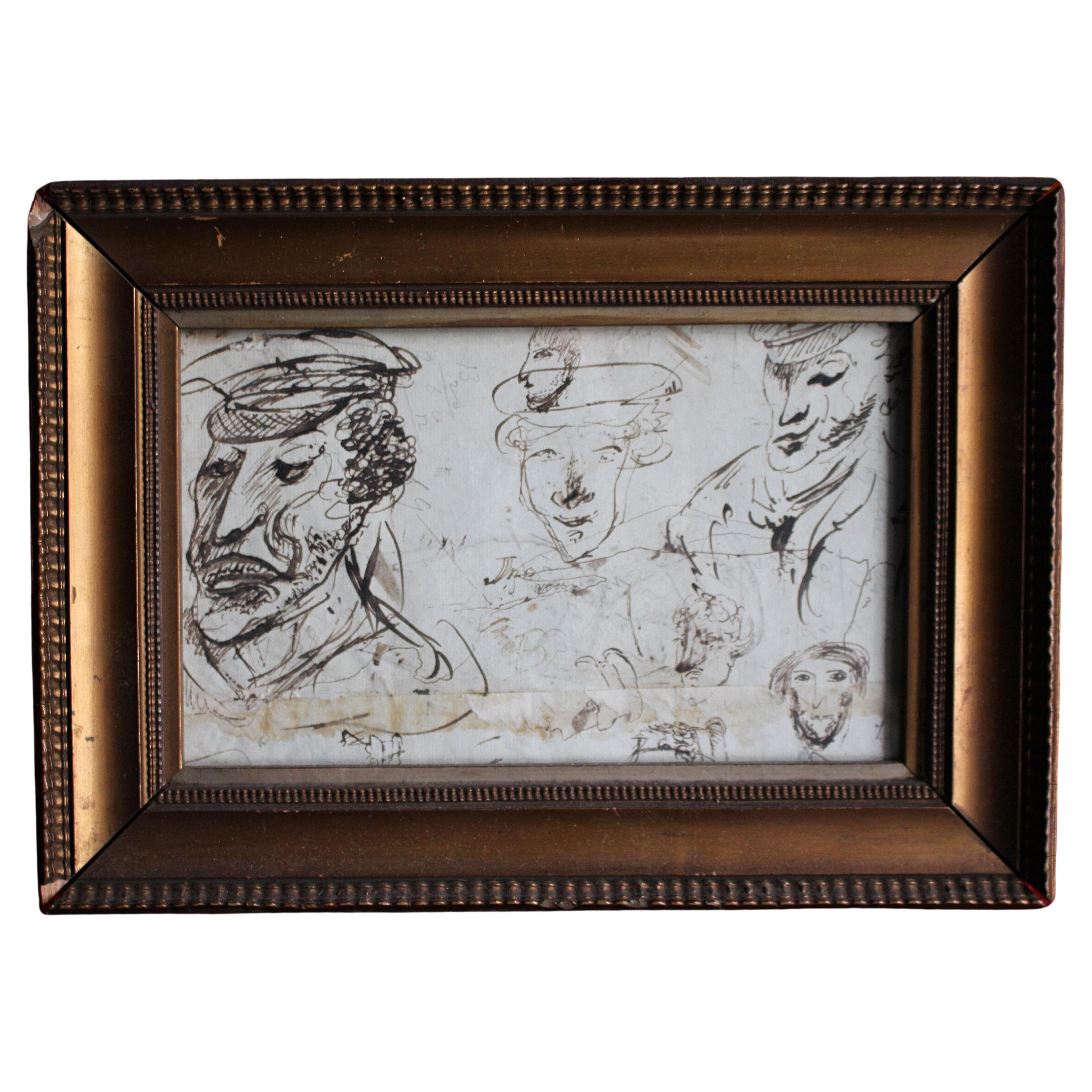 Circa 1780 Sailor's Naval Maritime Pen & Ink Wash Portrait Sketch's Folk Art