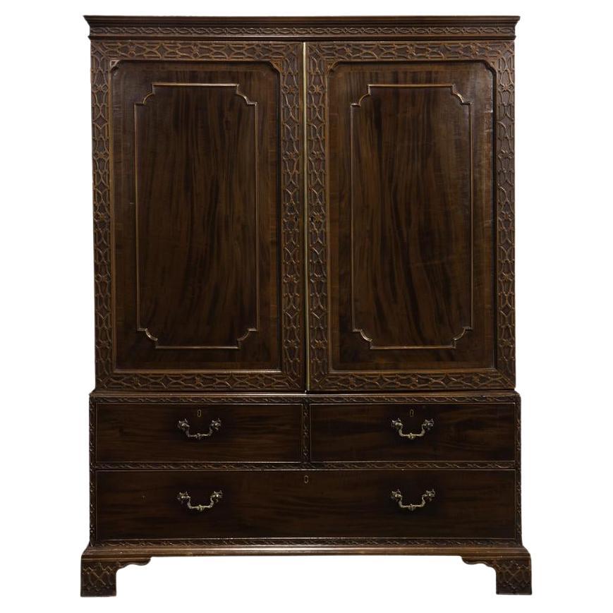 Circa 1790 English George III Carved Mahogany Chinese Chippendale Linen Press For Sale