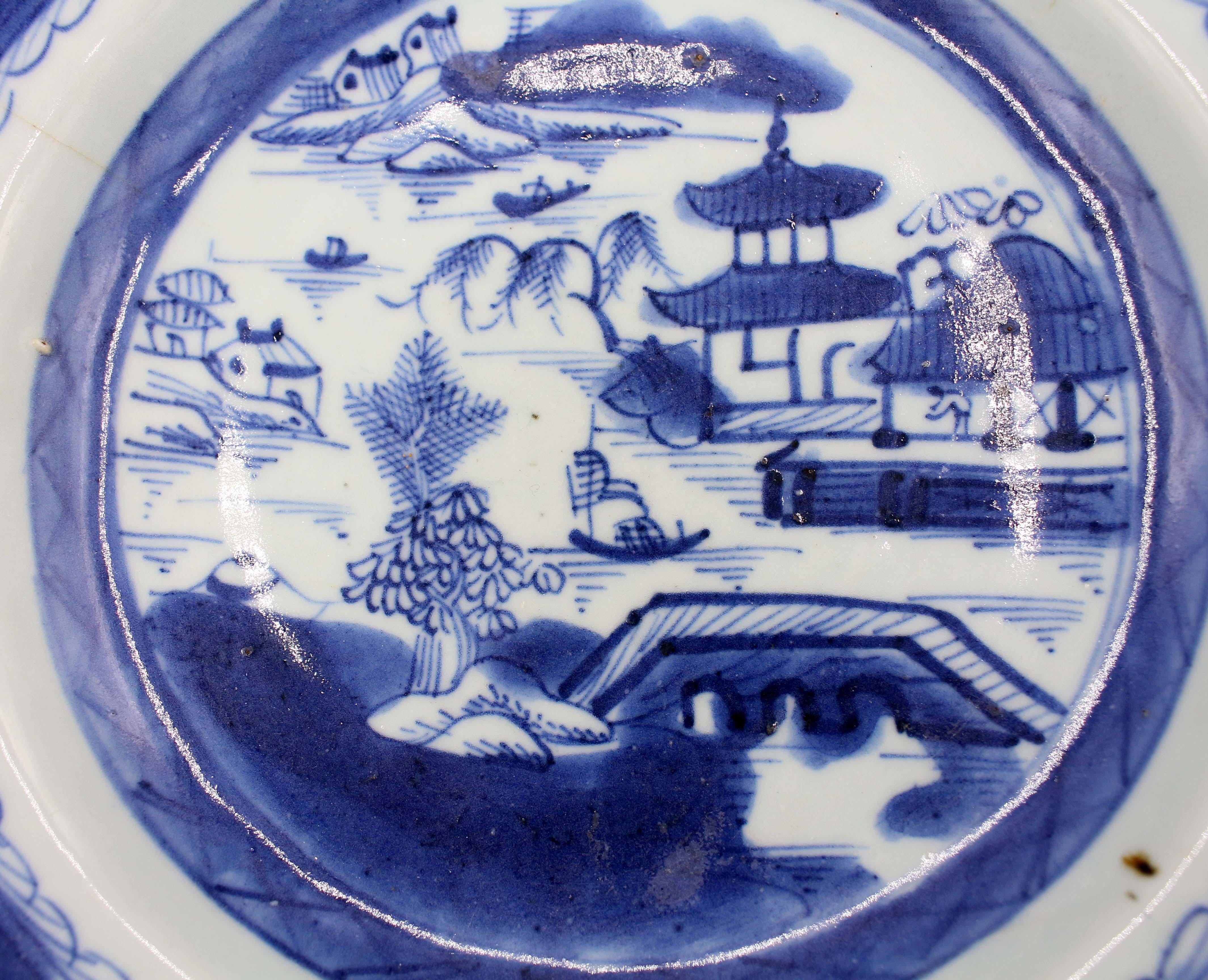Porcelain Circa 1800-1830 Pair of Chinese Export Blue Canton Soup Plates For Sale