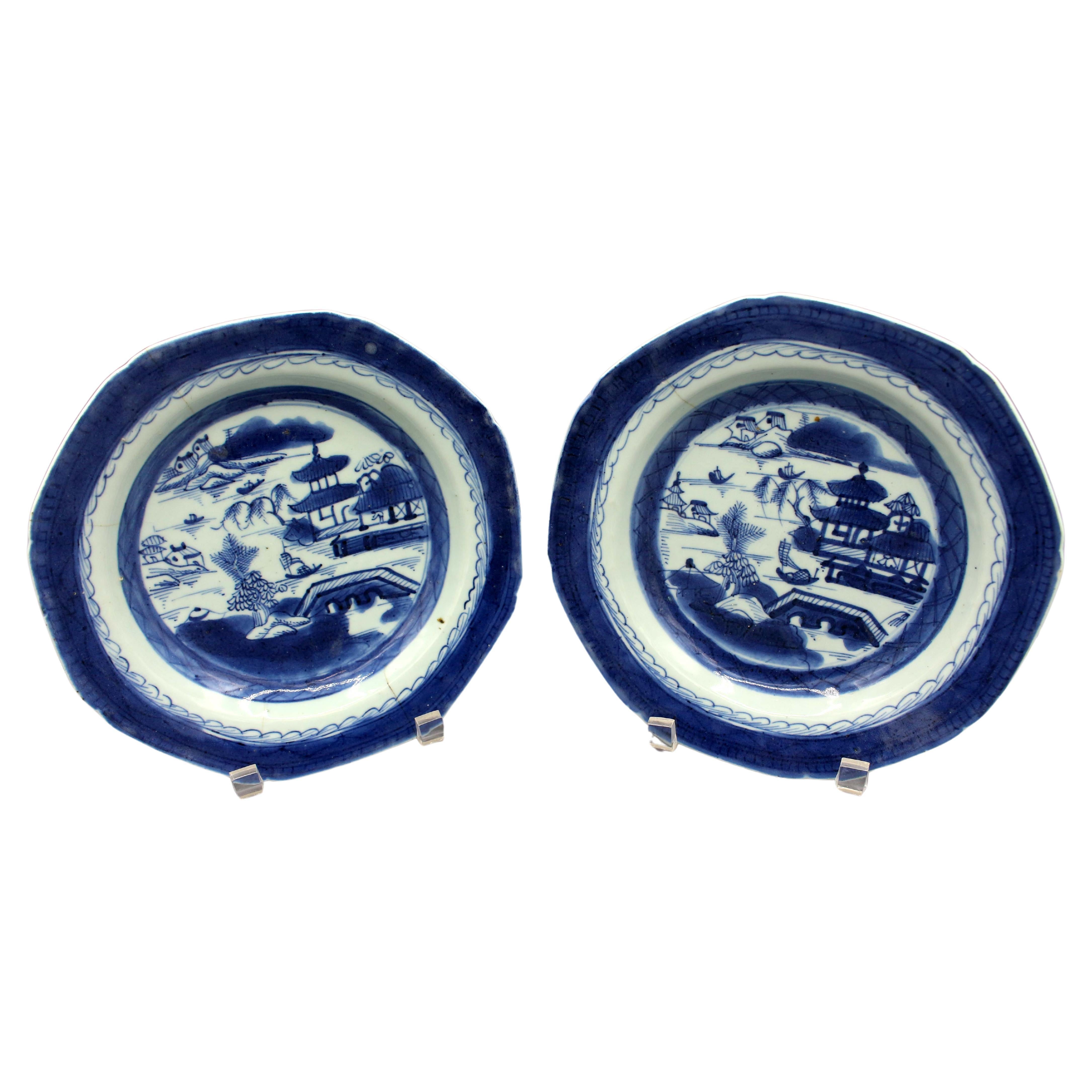 Circa 1800-1830 Pair of Chinese Export Blue Canton Soup Plates