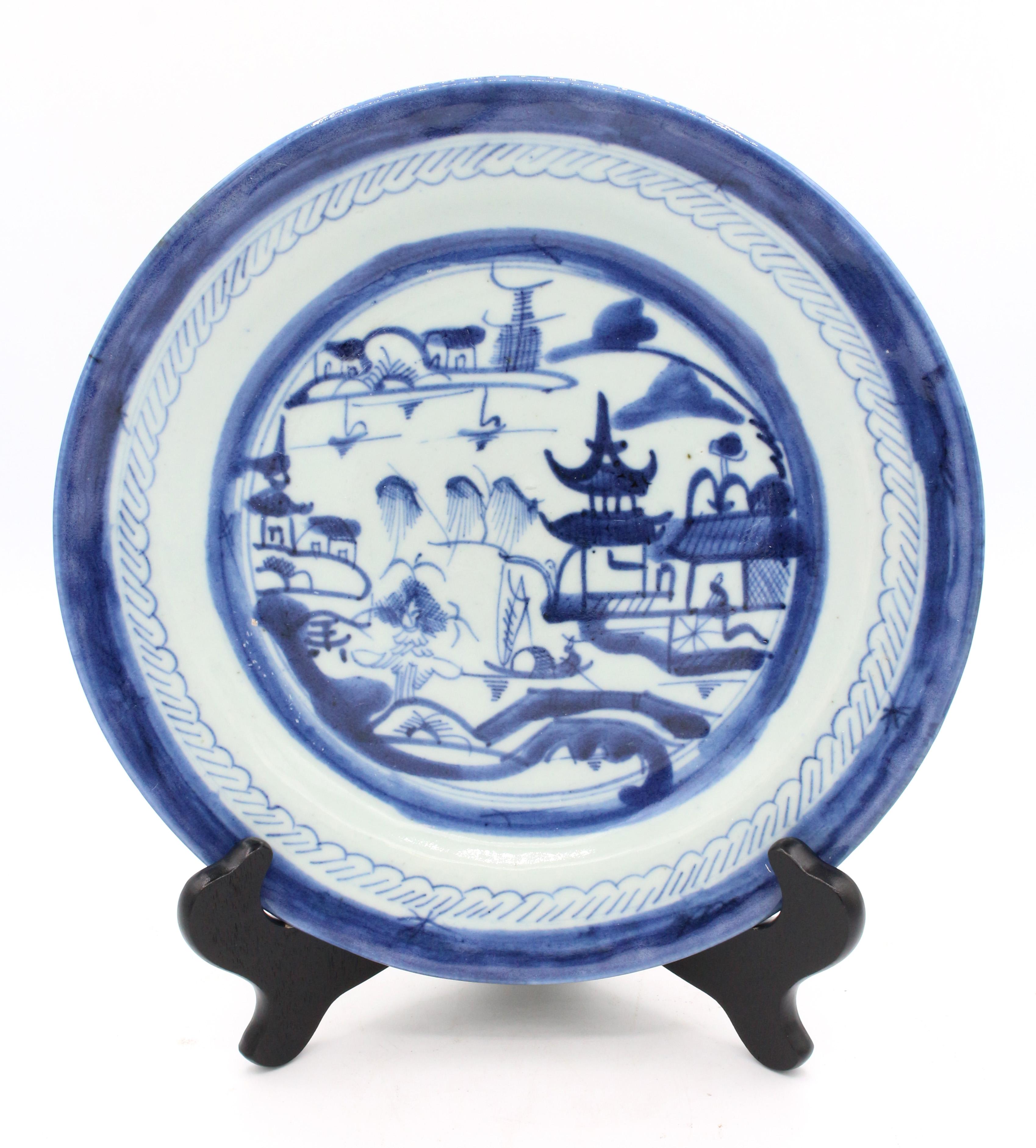 Circa 1800-1860 assembled set of 10 Blue Canton dinner plates, Chinese. Some rim nicks & wear typical of age & use. Some variation in design, typical of a an assembled set.
Approx. 10