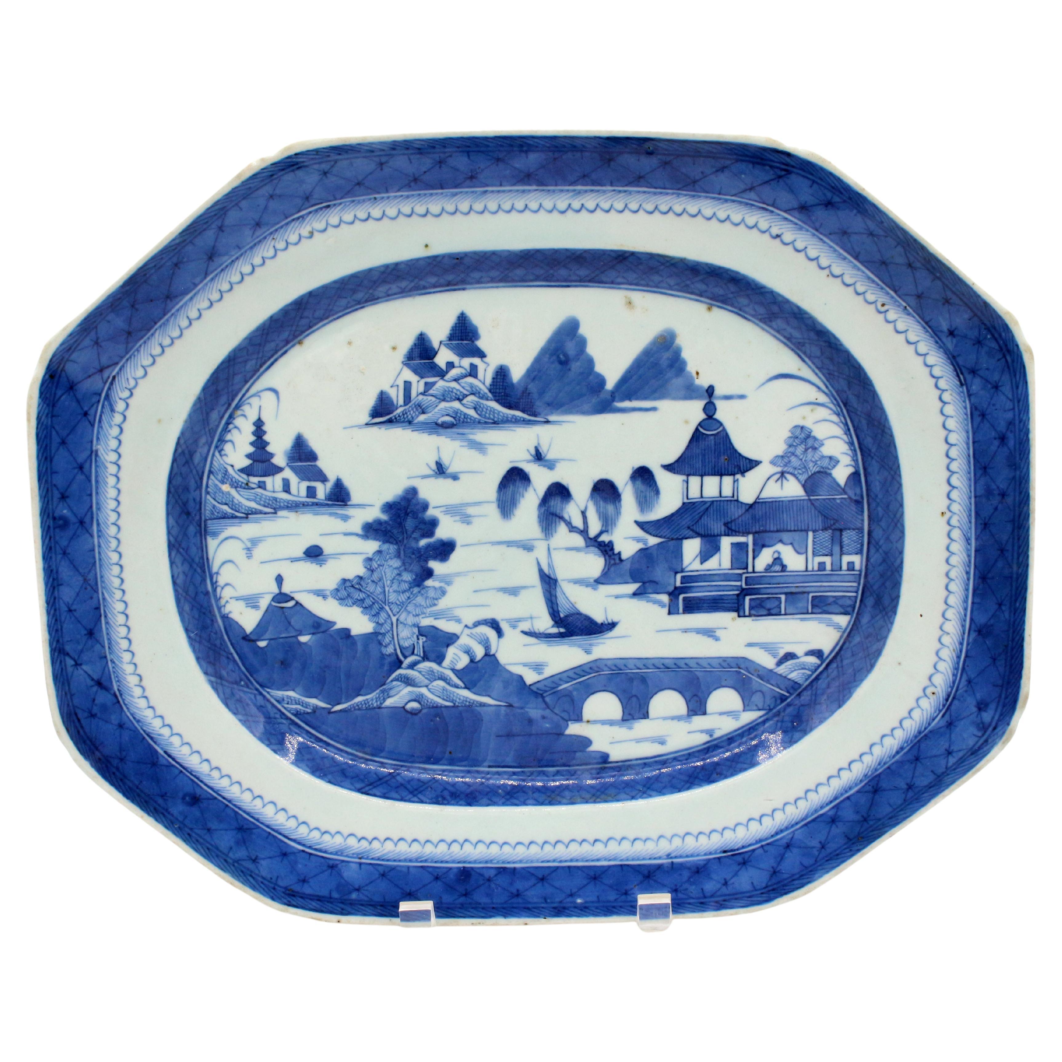 Circa 1800-30 Blue Canton Platter, Chinese Export For Sale