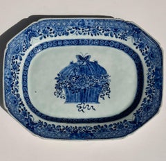 Circa 1800 Chinese Export Blue and White Hand-Painted Platter with Floral Basket