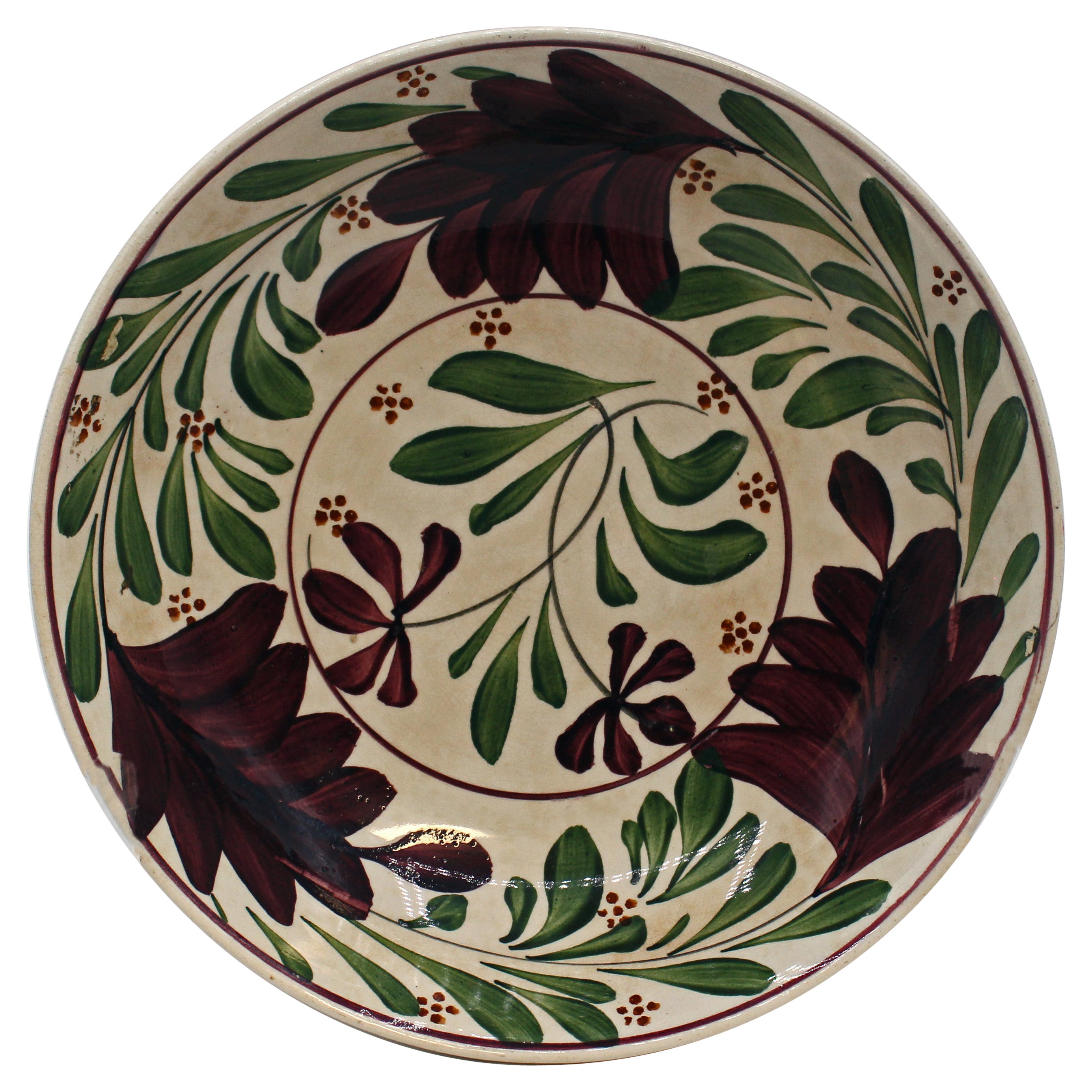 Circa 1800 English Creamware Aubergine and Green Bowl