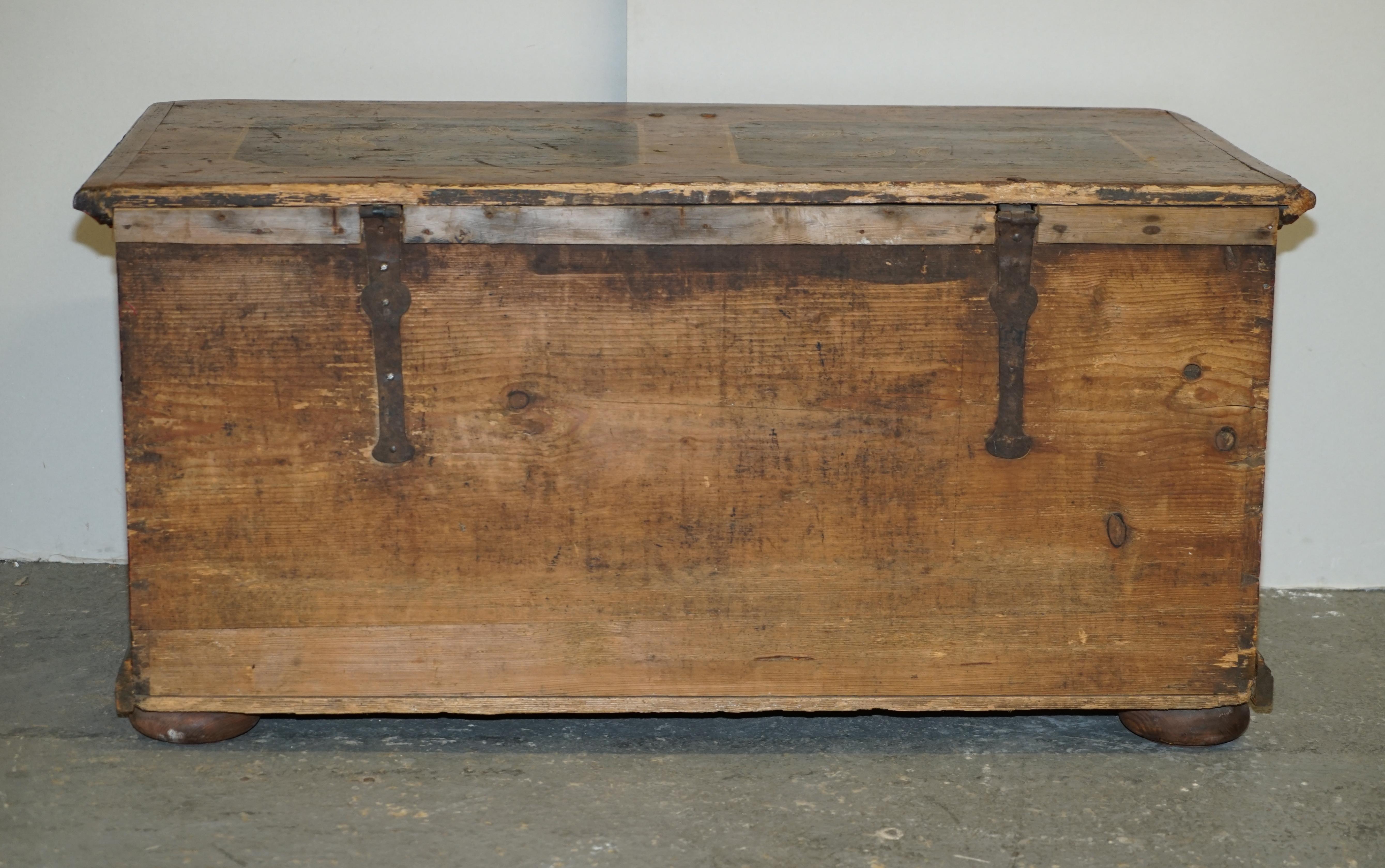 circa 1800 Extra Large Antique Original Paint German Blanket Chest Coffer Trunk For Sale 1