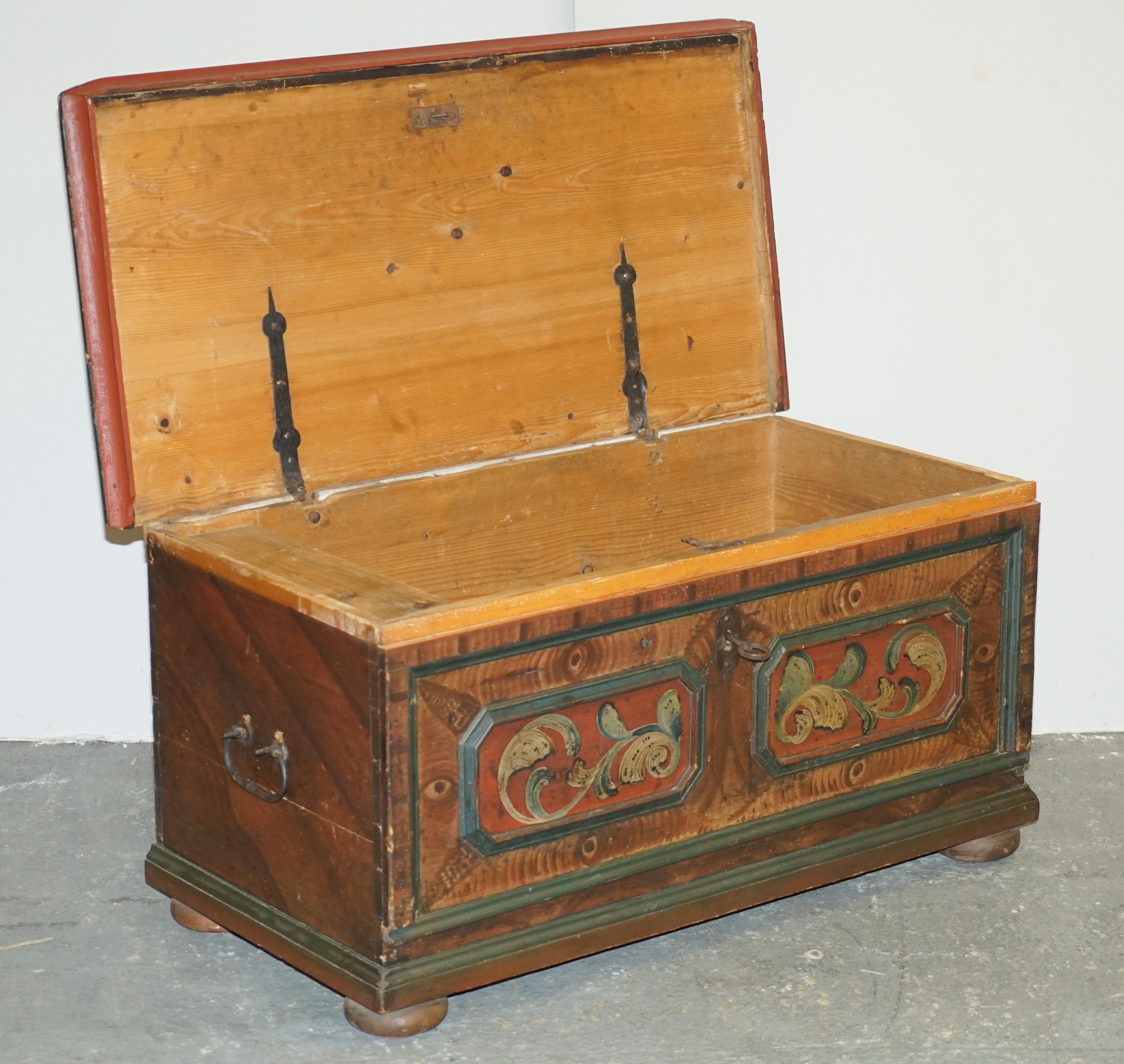circa 1800 Extra Large Antique Original Paint German Blanket Chest Coffer Trunk For Sale 4