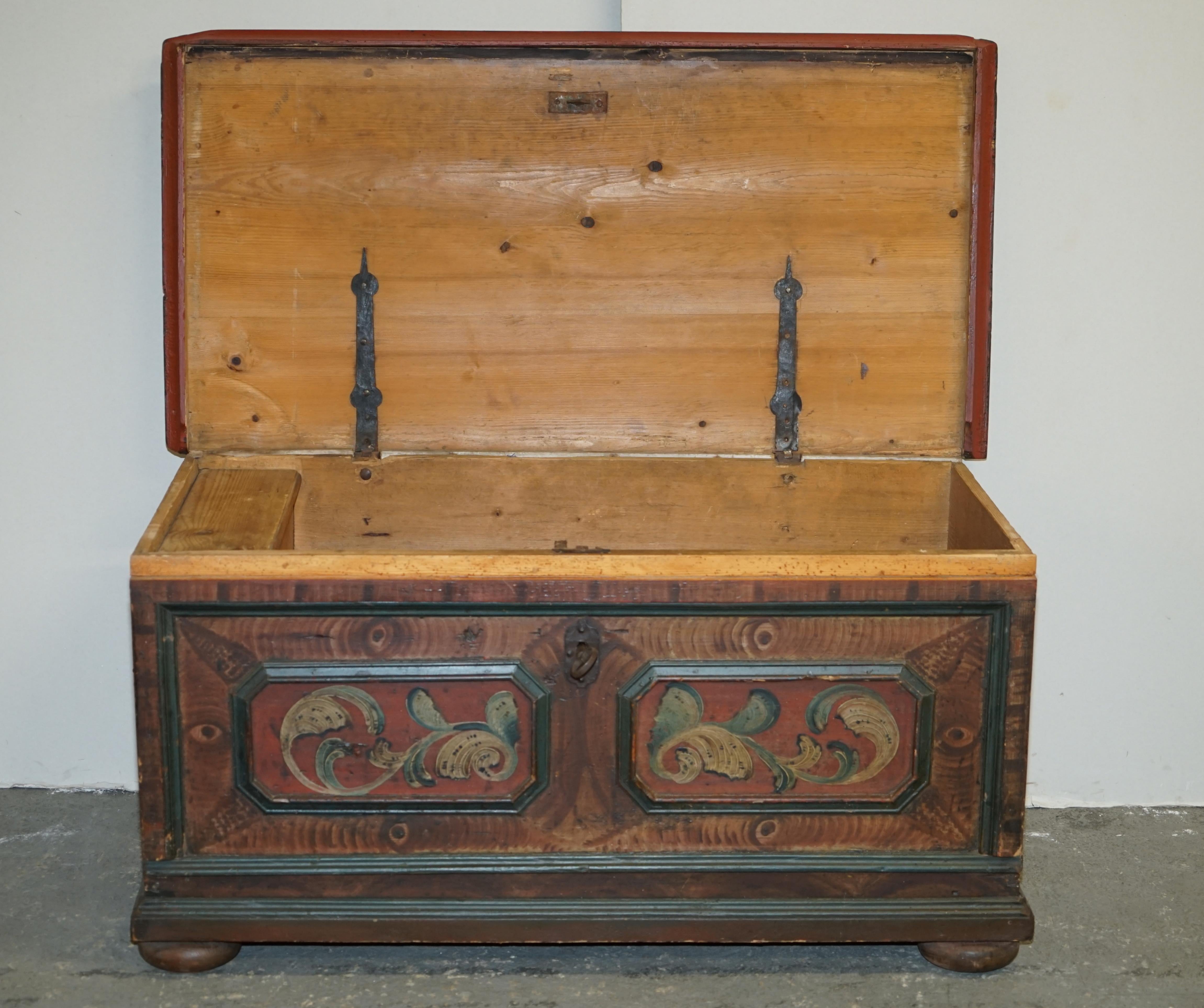 circa 1800 Extra Large Antique Original Paint German Blanket Chest Coffer Trunk For Sale 5