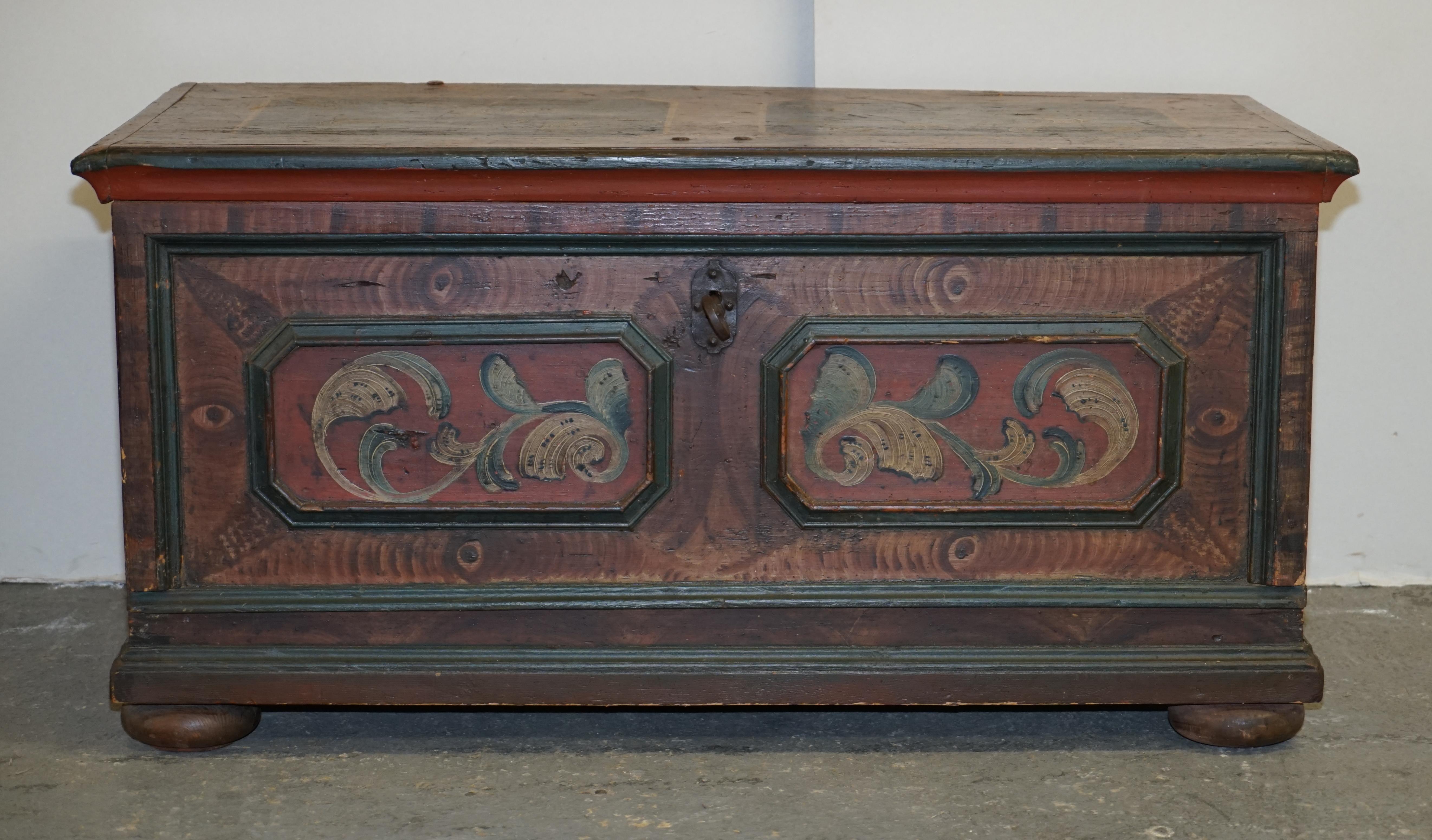 We are delighted to offer for sale this stunning, extra large circa 1800 hand painted German clothes trunk or marriage coffer chest with Acanthus leaf painting 

I have recently purchased a very large collection of these original, antique painted