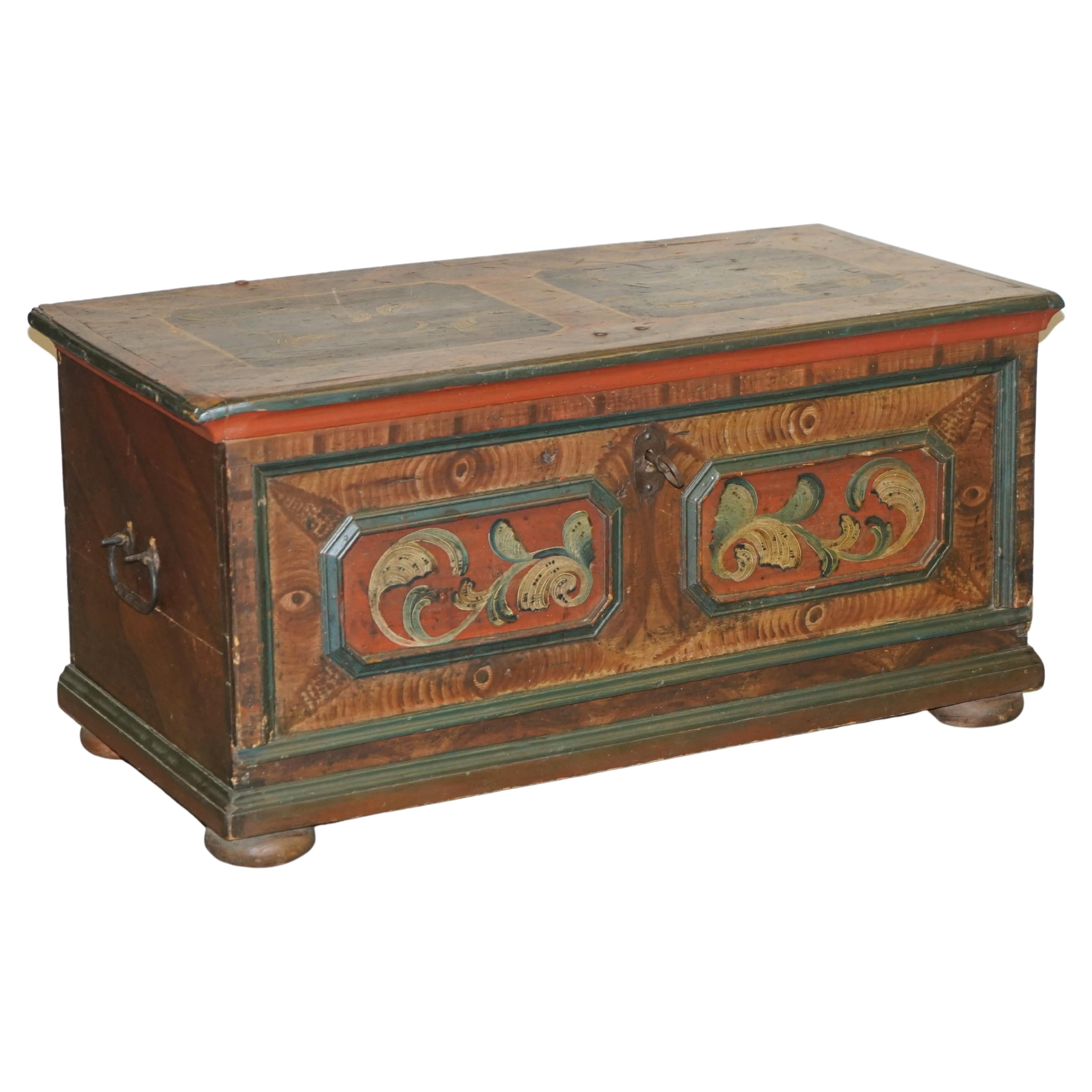 circa 1800 Extra Large Antique Original Paint German Blanket Chest Coffer Trunk For Sale