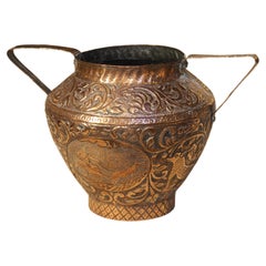 Vase français à 2 poignées en cuivre datant d'environ 1800 avec chariot et cartouche