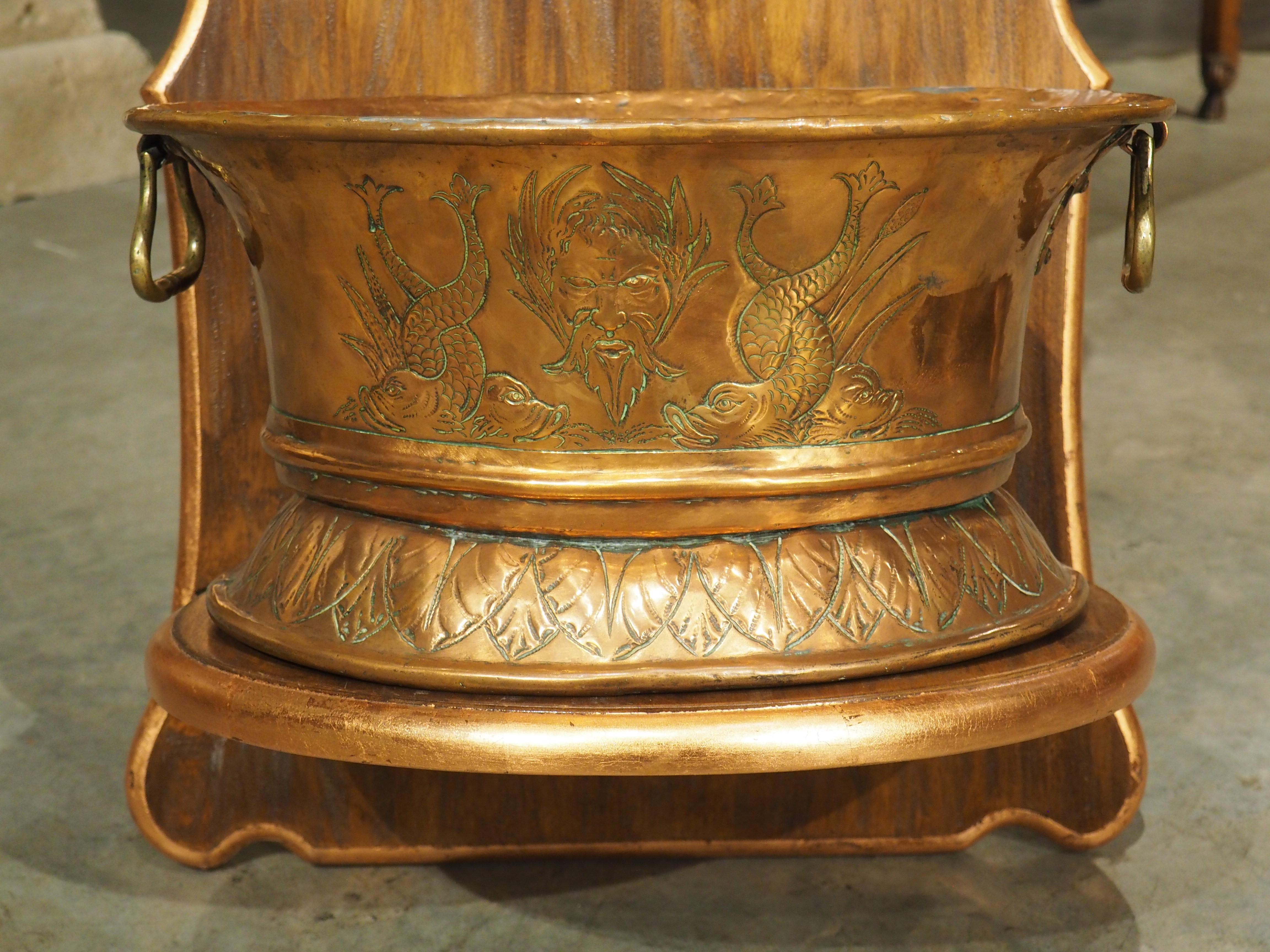 Hand-Carved Circa 1800 French Copper Coat of Arms Lavabo with Wooden Mounting For Sale