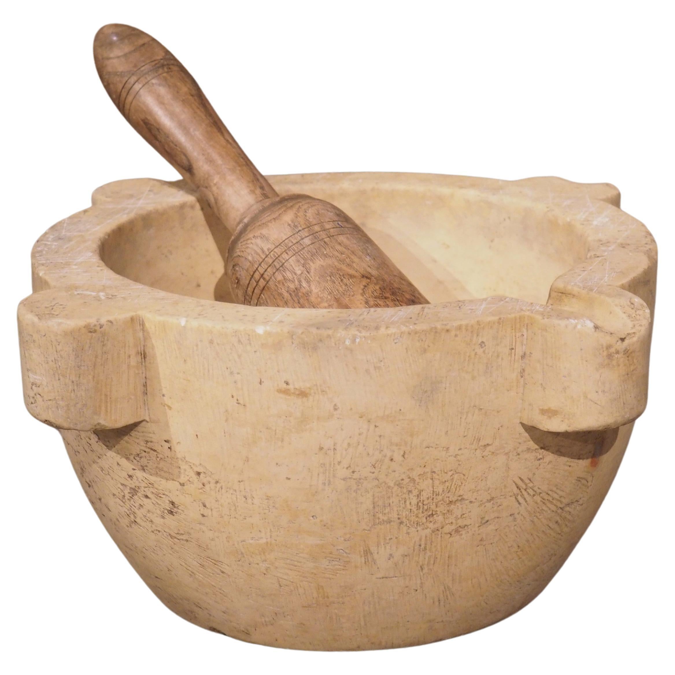 Circa 1800 French Marble Mortar with Wooden Pestle For Sale