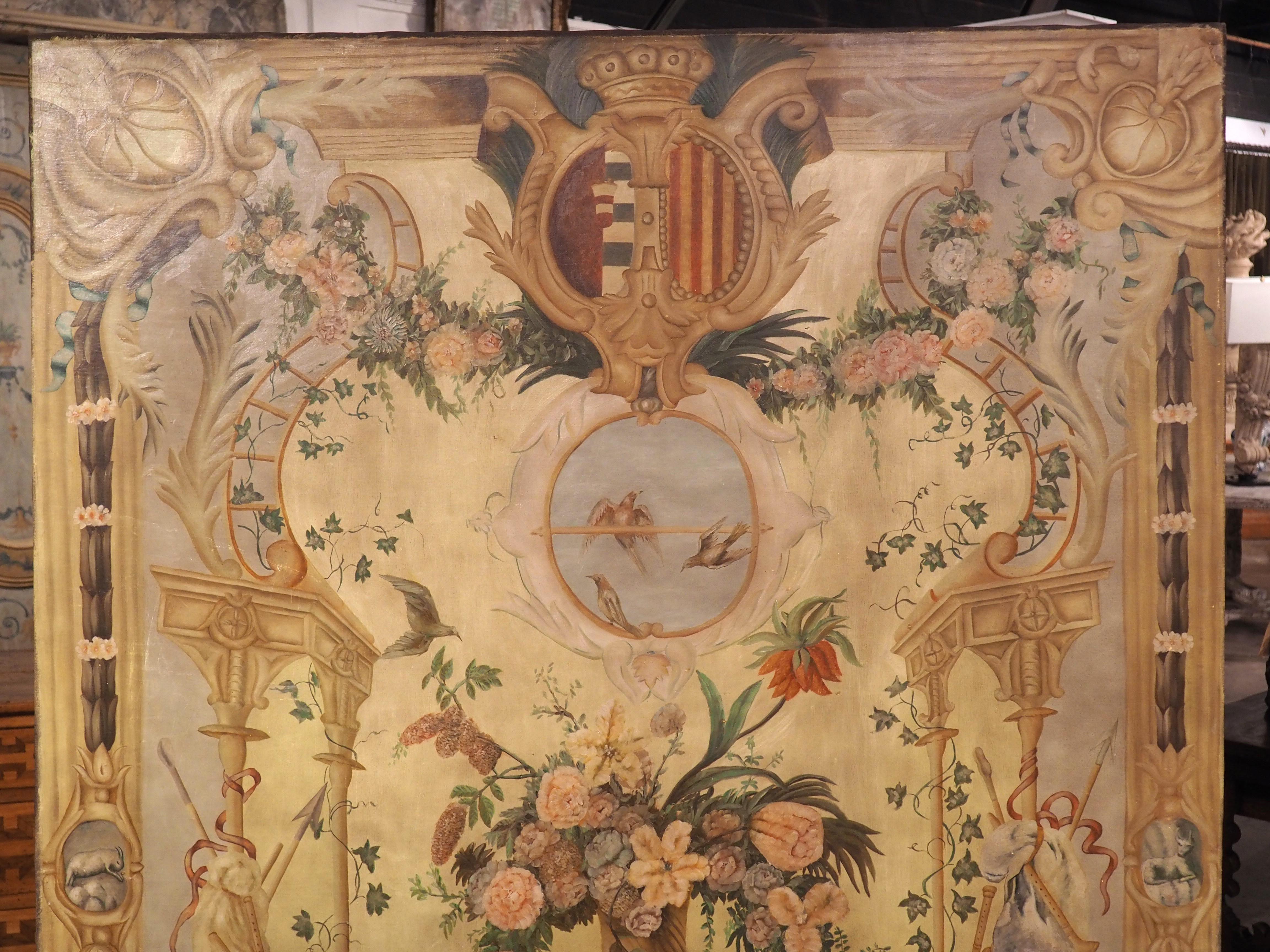 Hand-Painted Circa 1800 French Toile Peinte with Double Coat of Arms, Representing Spring