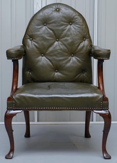 Gothic Revival Georgian Irish Chesterfield Leather Carver Armchair, circa 1800