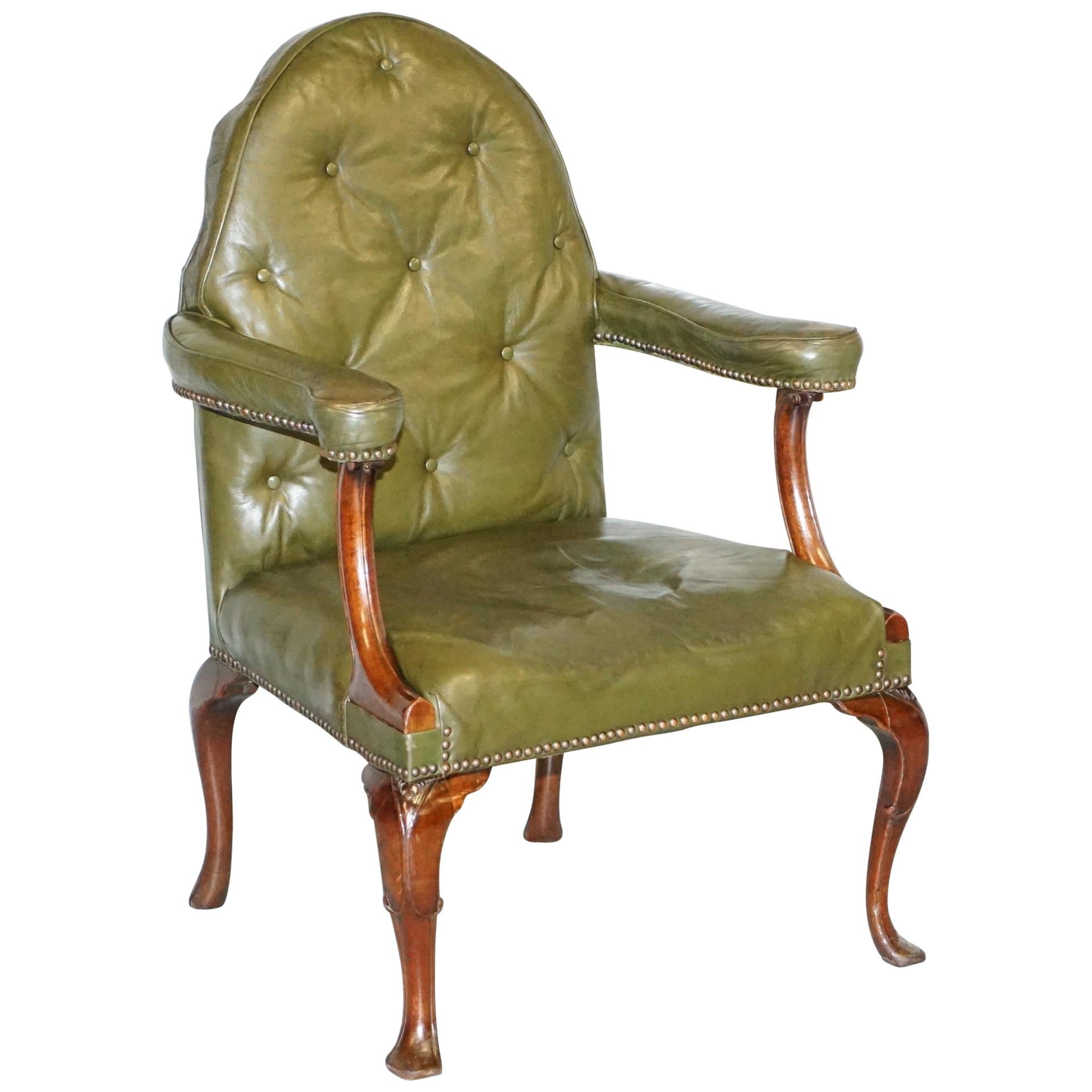 Gothic Revival Georgian Irish Chesterfield Leather Carver Armchair, circa 1800 For Sale