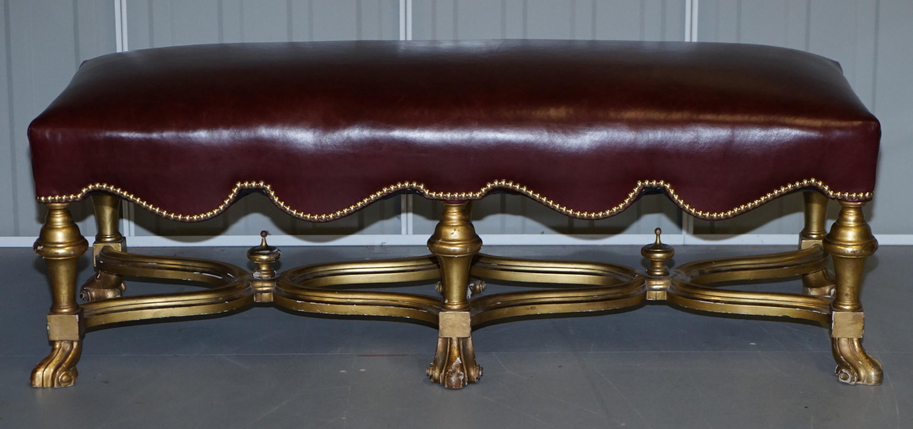 Italian Baroque Style Gold Giltwood Bench Stool New Oxblood Leather, circa 1800 For Sale 11
