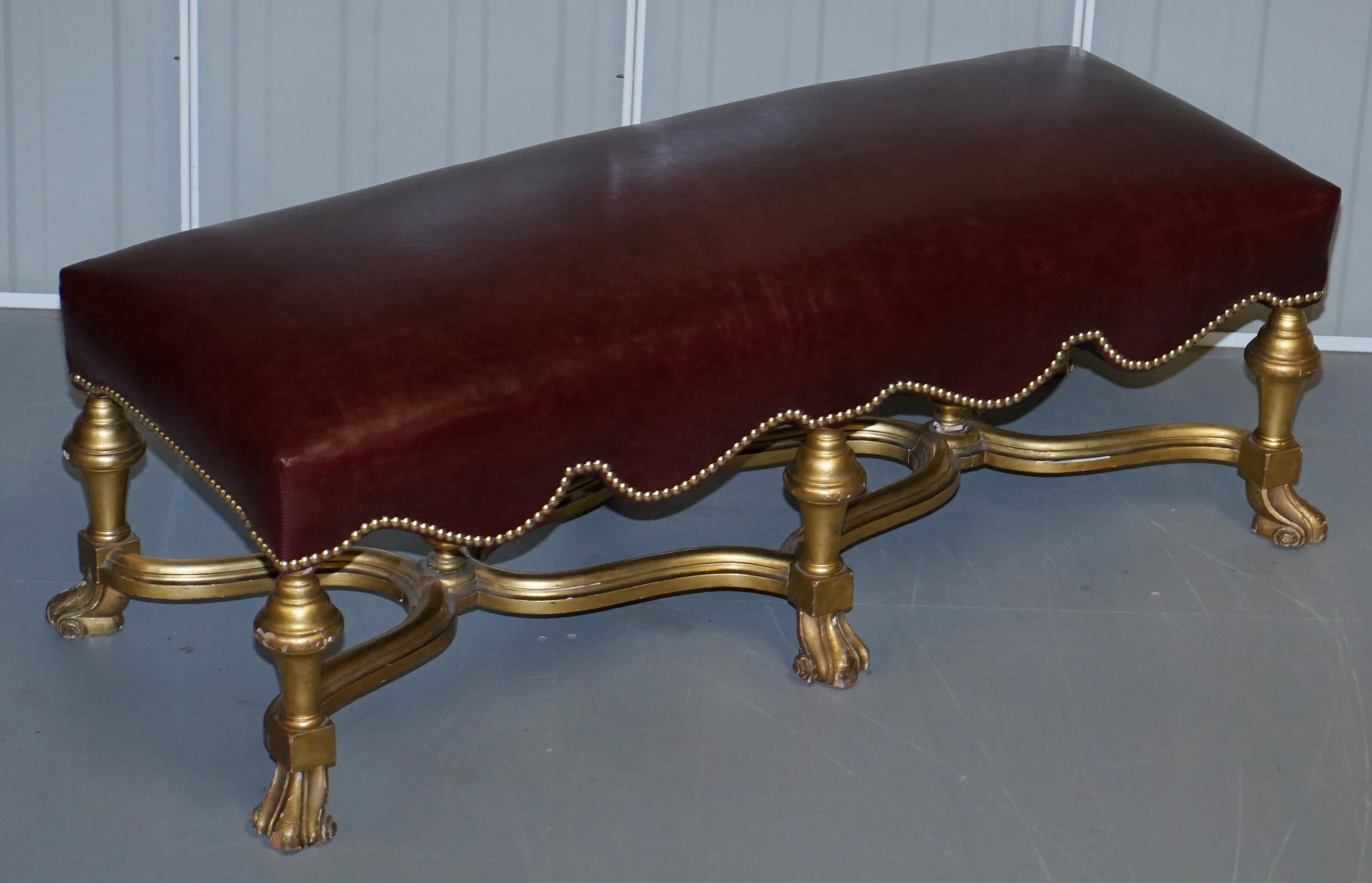 Hand-Crafted Italian Baroque Style Gold Giltwood Bench Stool New Oxblood Leather, circa 1800 For Sale