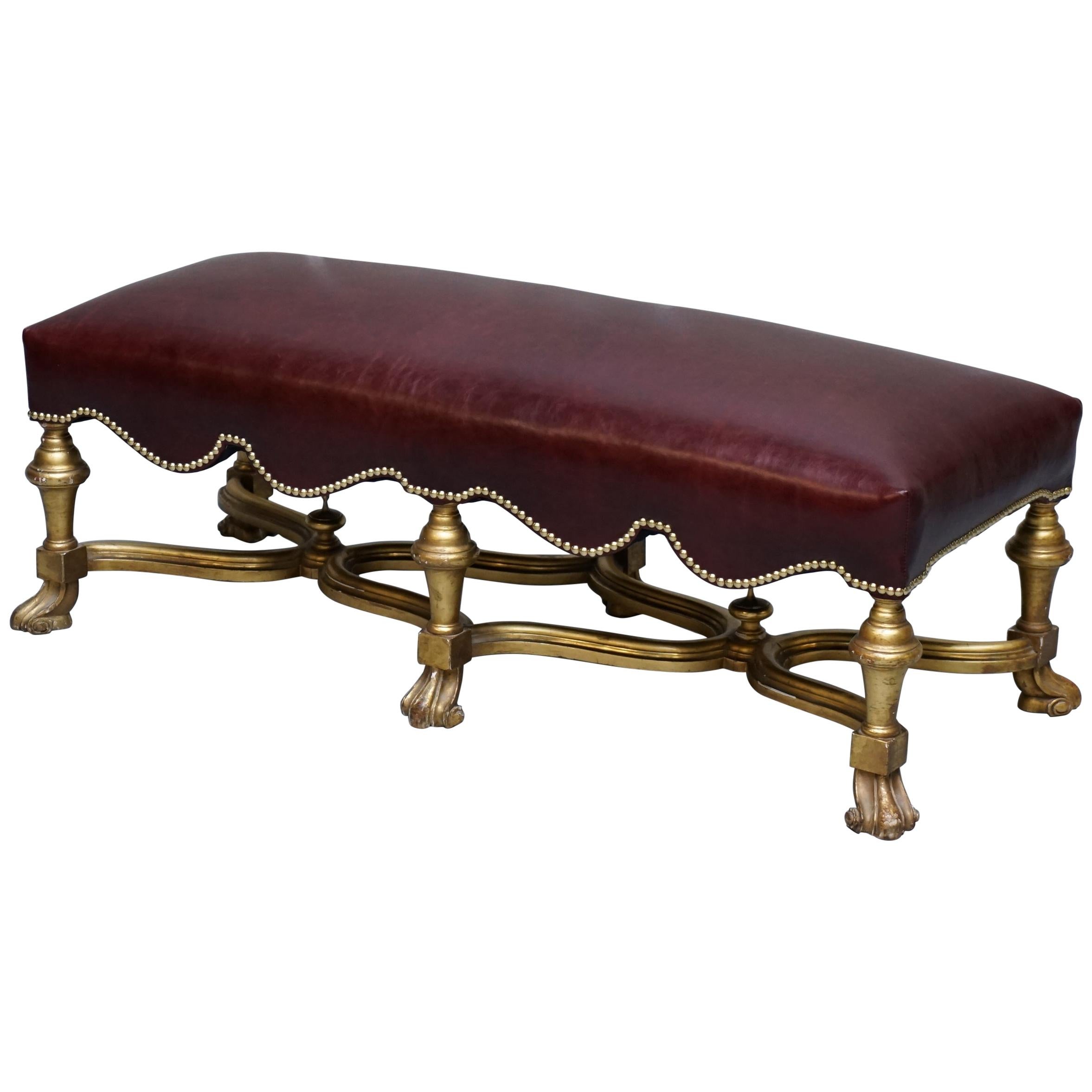 Italian Baroque Style Gold Giltwood Bench Stool New Oxblood Leather, circa 1800 For Sale