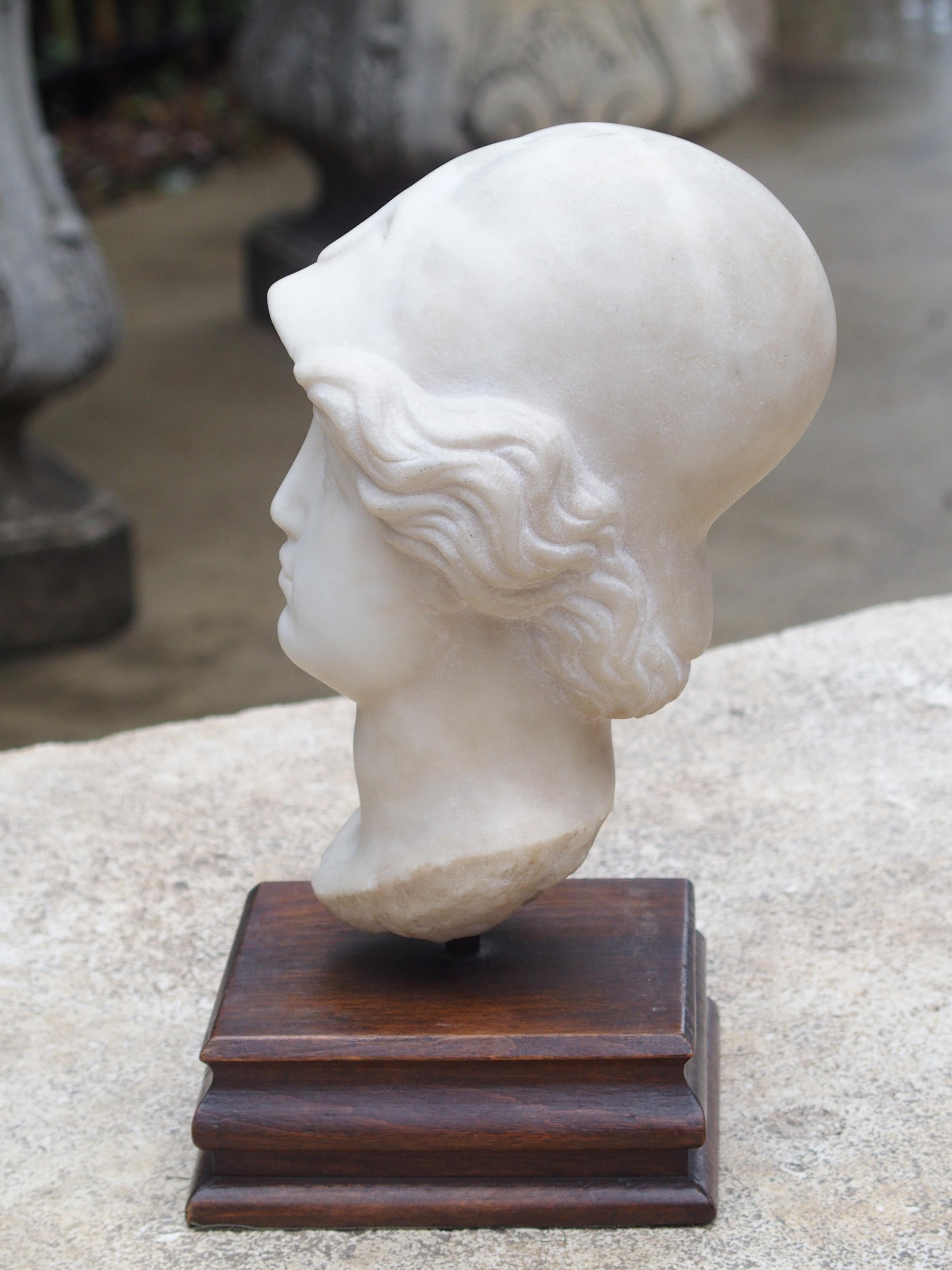 Hand-Carved Italian Marble Head on Wooden Base, circa 1800 For Sale