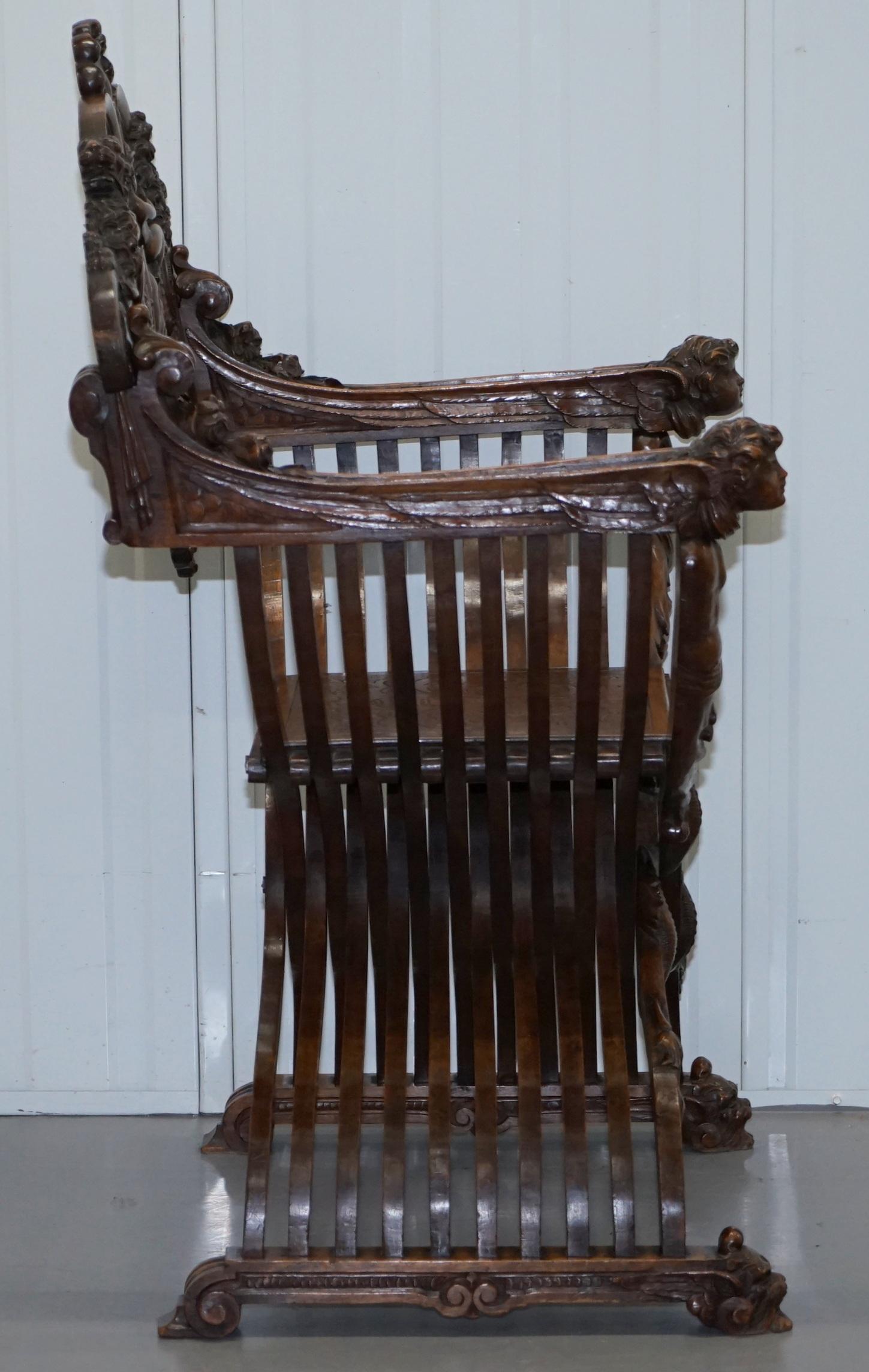 Italian Walnut Savonarola Armchair Cherubs Riding Lions Angels Putti, circa 1800 10