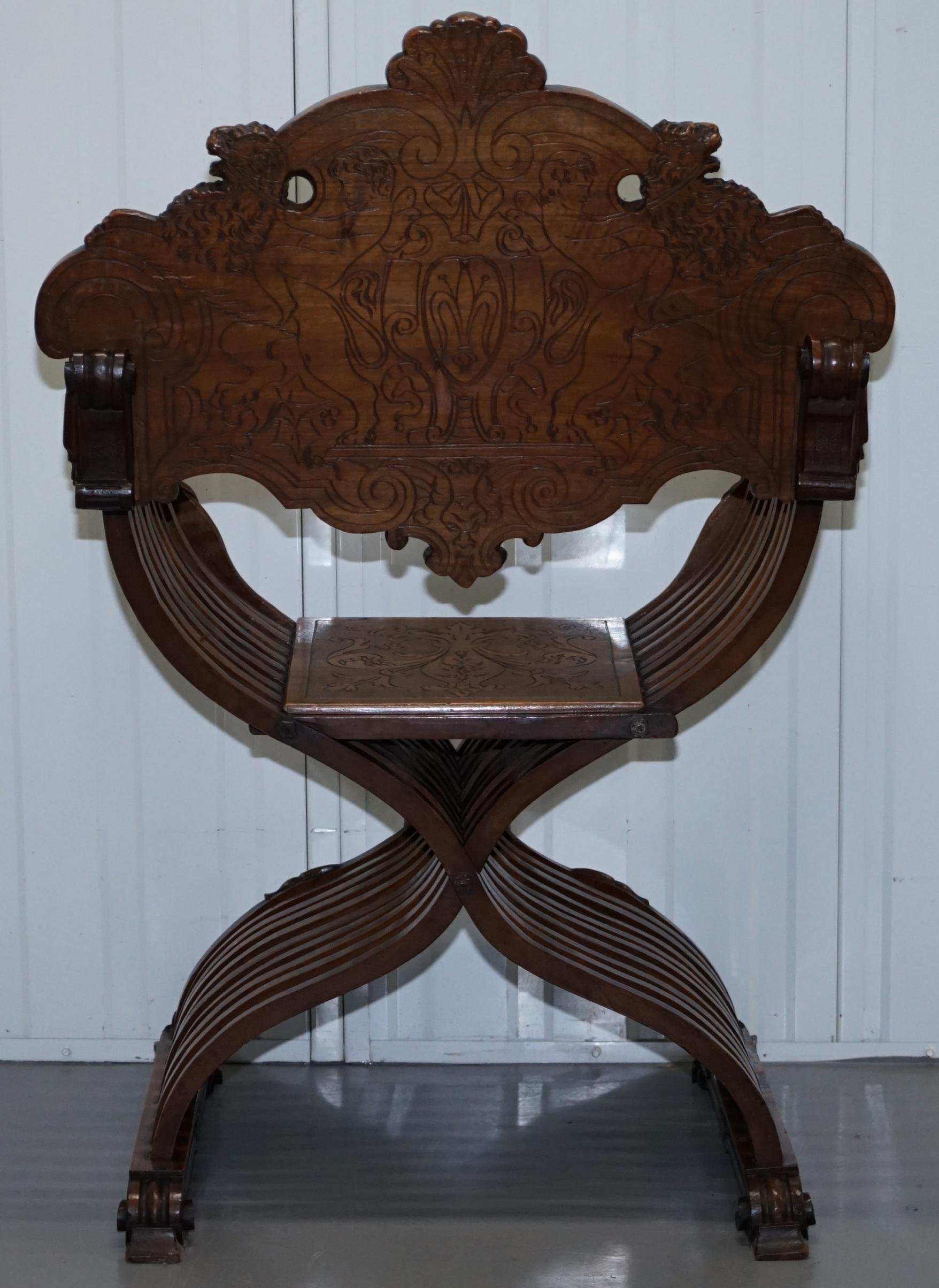 Italian Walnut Savonarola Armchair Cherubs Riding Lions Angels Putti, circa 1800 12