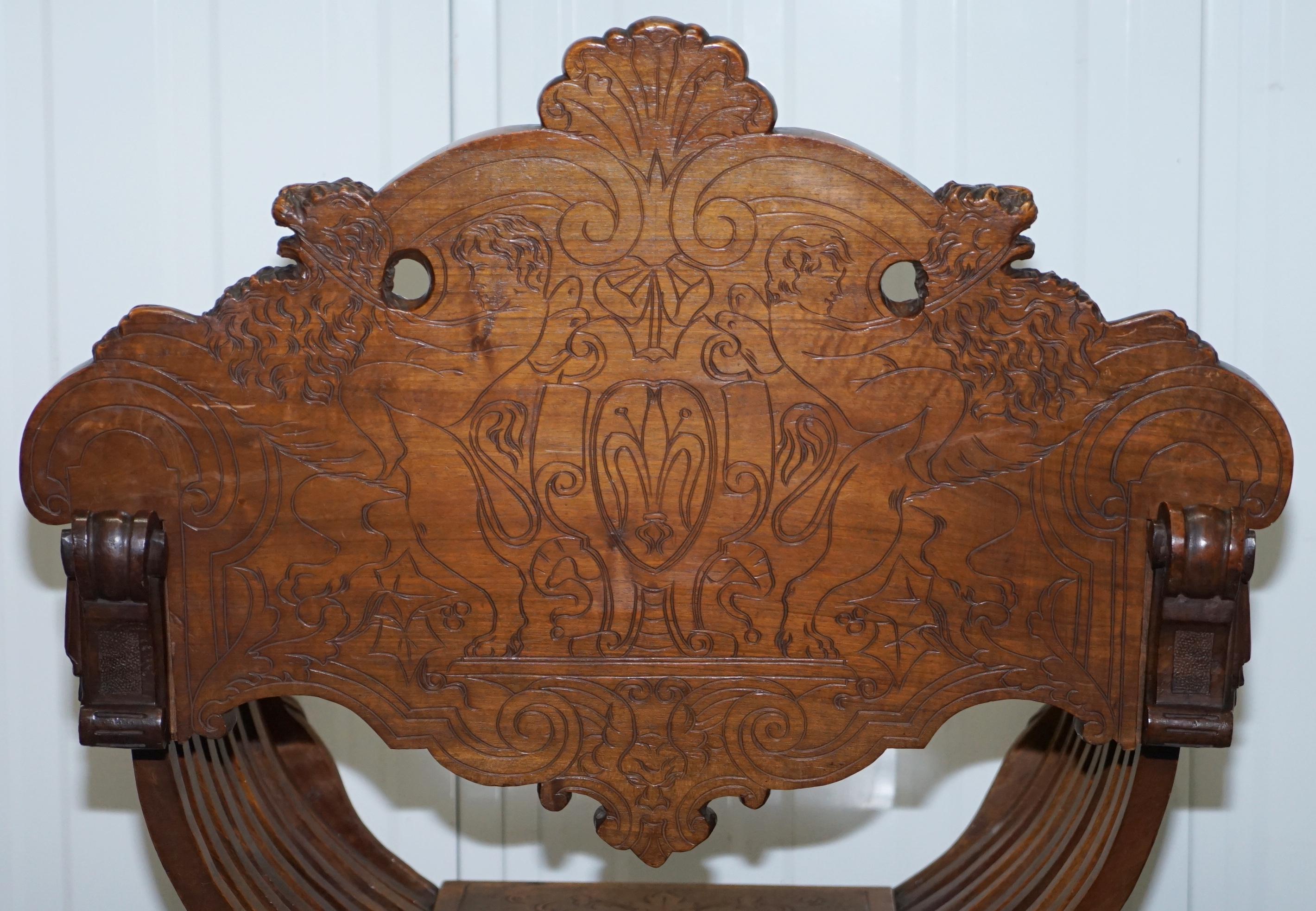 Italian Walnut Savonarola Armchair Cherubs Riding Lions Angels Putti, circa 1800 13