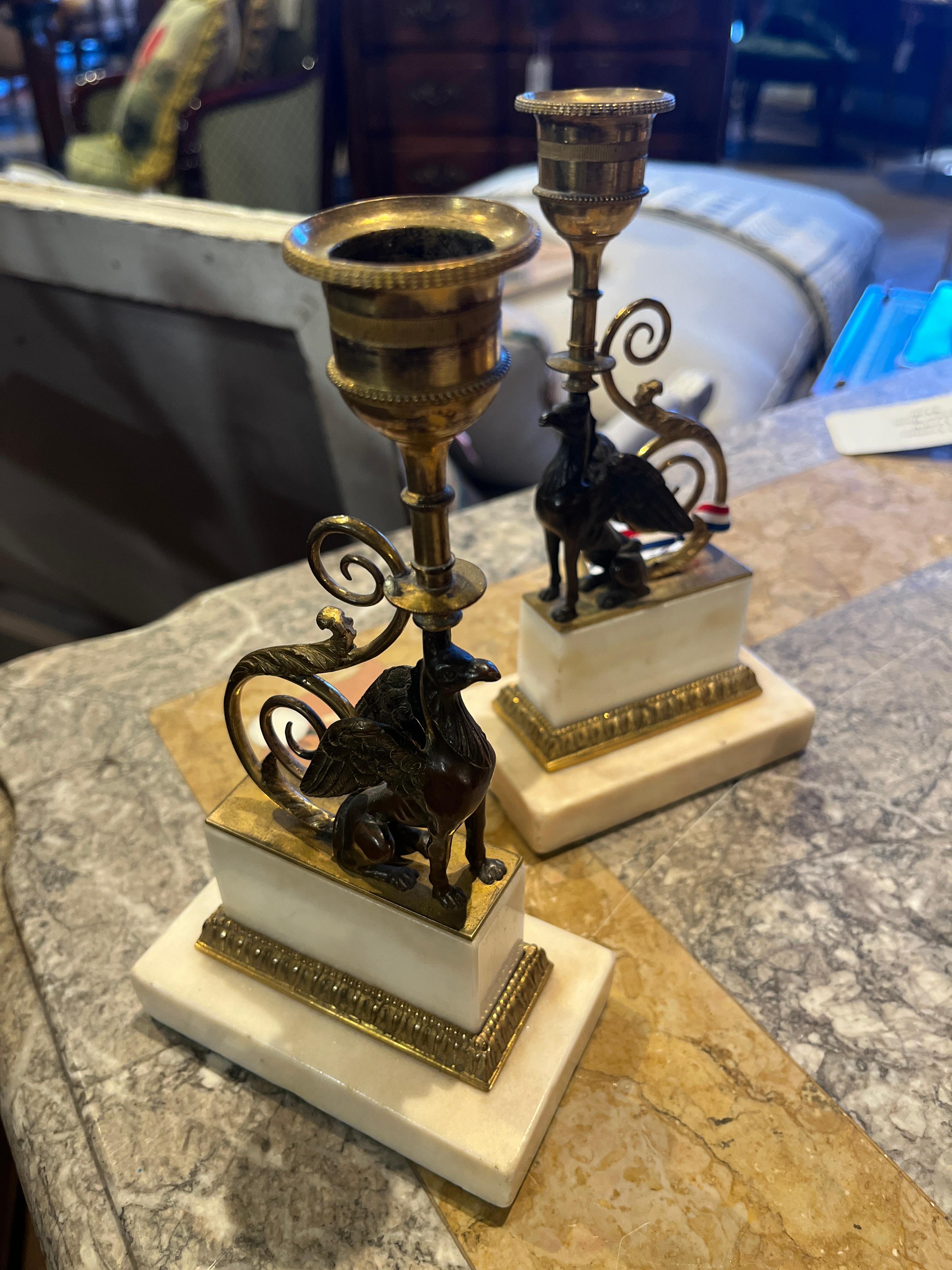 Empire Circa 1800 Pair of French Gilt Bronze Griffin Candle Holders For Sale