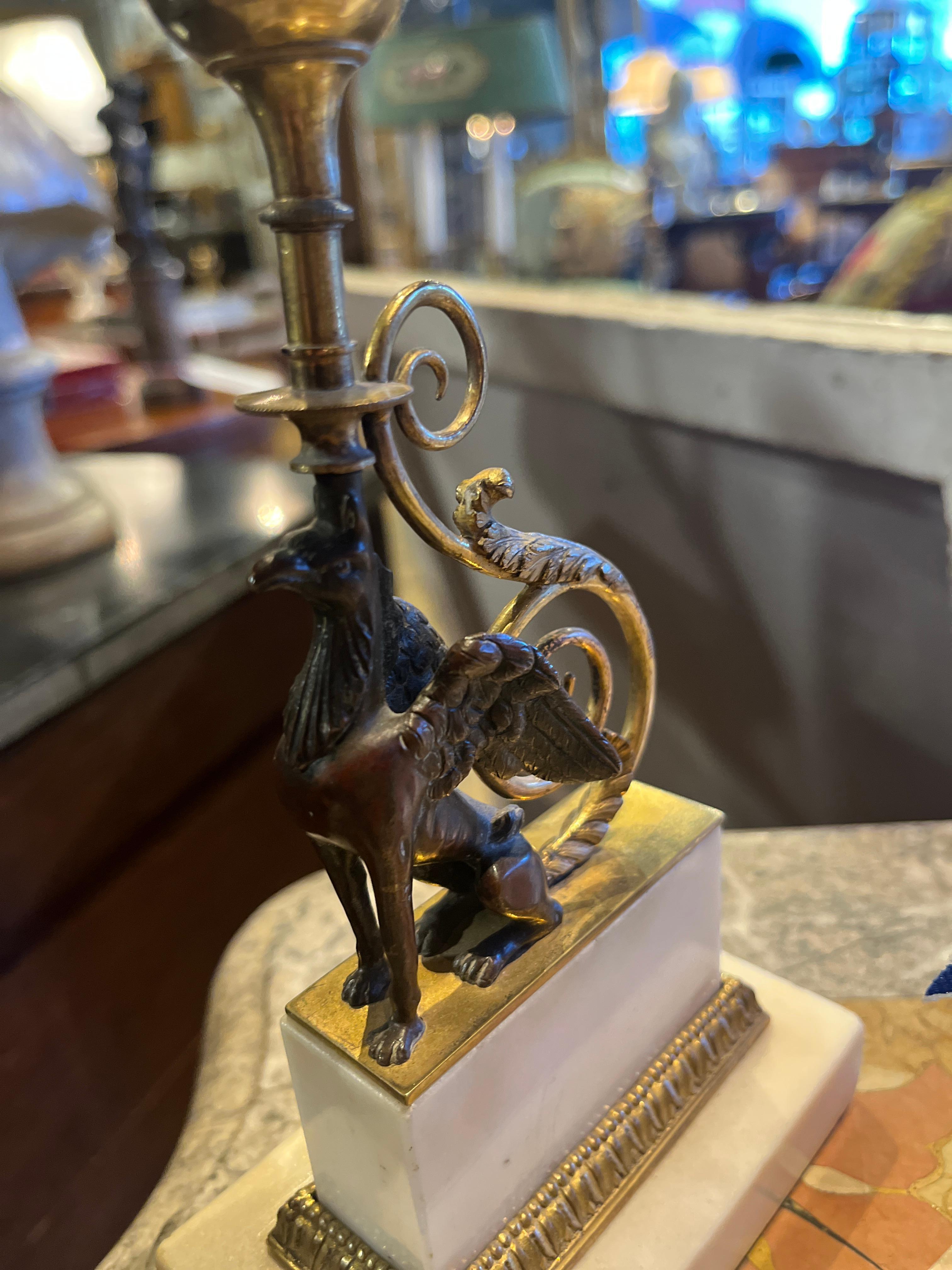 19th Century Circa 1800 Pair of French Gilt Bronze Griffin Candle Holders For Sale
