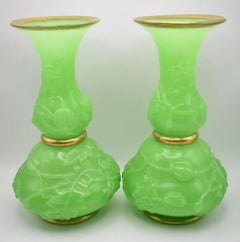 Circa 1800 Pair of French Opaline Baccarat Vases Leaf and Floral Raised Design