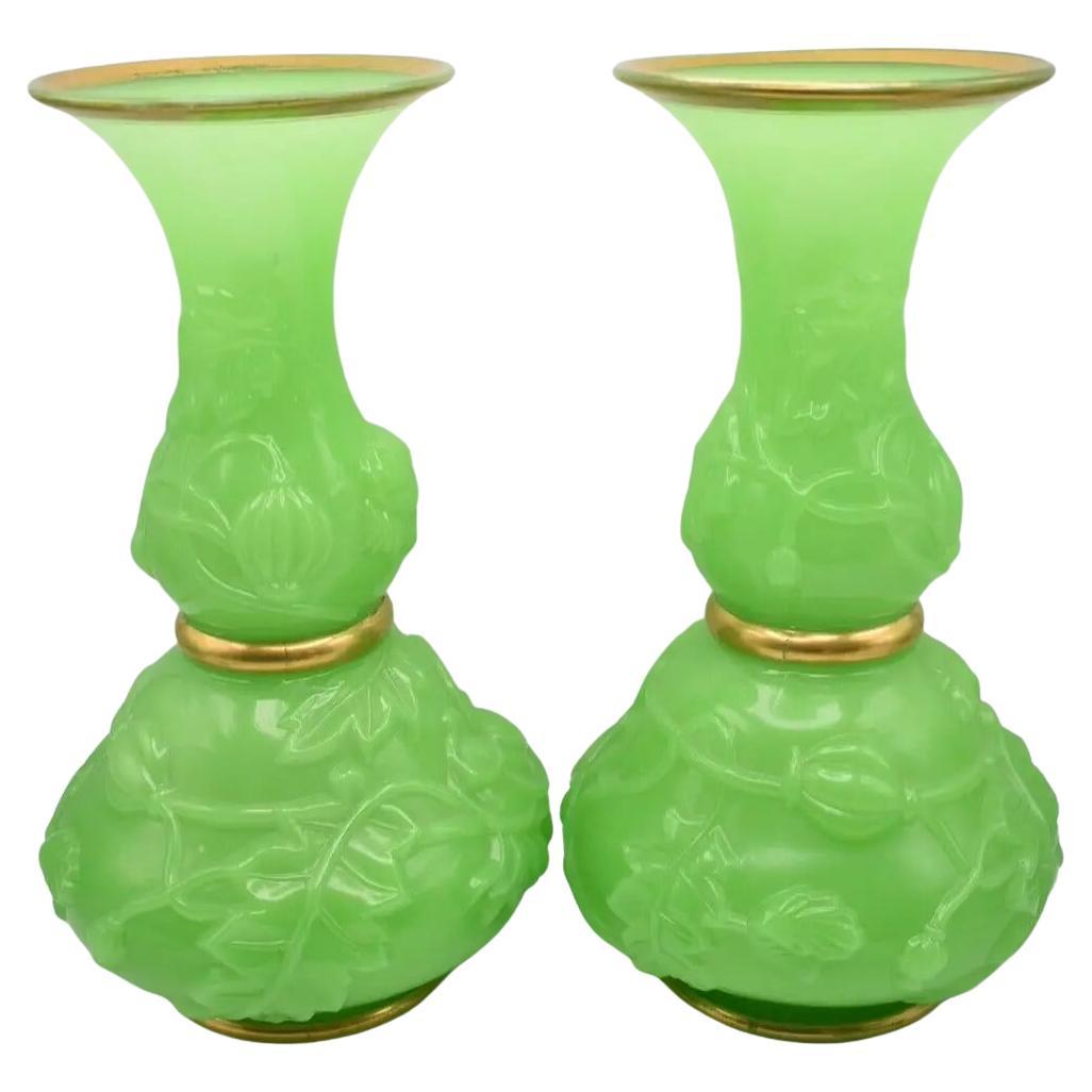 Circa 1800 Pair of French Opaline Baccarat Vases Leaf and Floral Raised Design For Sale