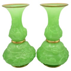 Circa 1800 Pair of French Opaline Baccarat Vases Leaf and Floral Raised Design