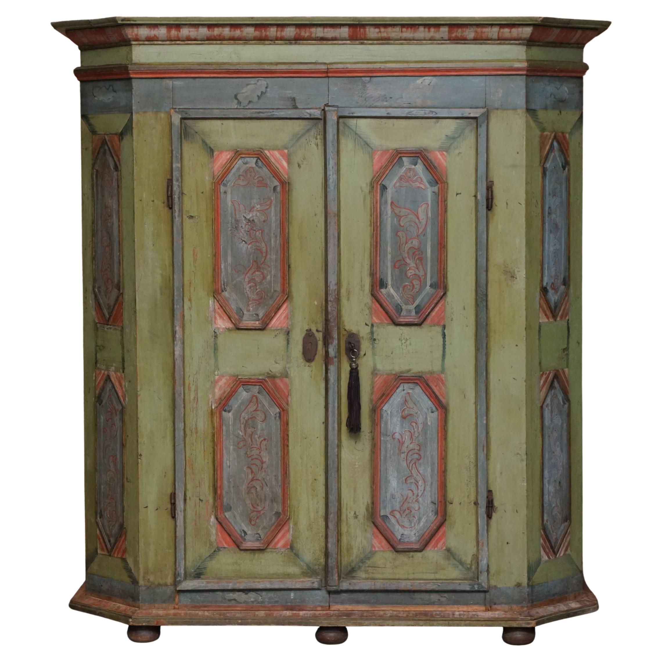 circa 1800 Sublime Hand Painted European Wardrobe or House Cupboard in Solid Oak