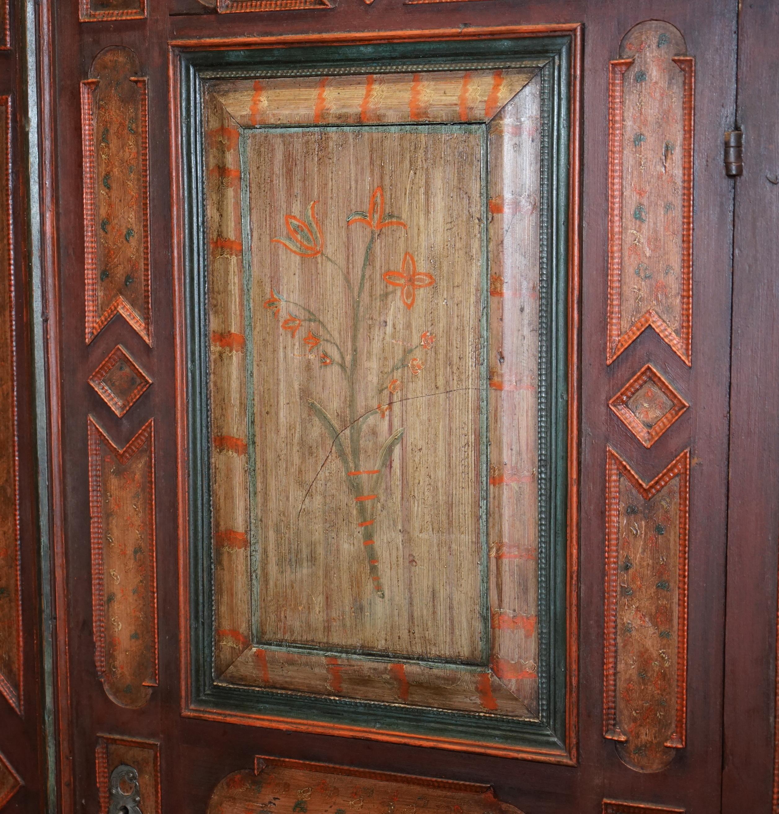 Hand-Painted Circa 1800 Sumlime Hand Painted European Wardrobe or Hall Cupboard in Oak Wood For Sale